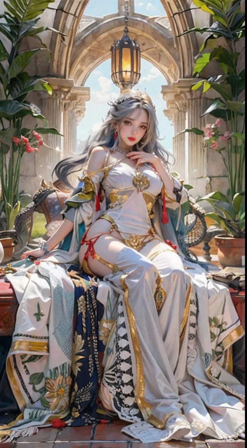 Ultra realistic 8K CG, Picture-perfect face, flawless, clean, masutepiece, Professional artwork, famousartwork, Cinematic lighting, Cinematic bloom, Perfect face,(年轻:1.2)(Voluptuous),((20yr old)), Beautiful face, Beautiful eyes,(:1.1), (((Perfect female body, Narrow waist))), young princess, royal, divine, Goddess, godlike, (the royal palace), Fantasy, Dreams, Unreal, Science fiction, (Normal breasts:1.2), Beautiful clothes, Lace, Lace trim, Lace-trimmed legwear, NSFW,, absurdly long hair, Very long hair, (Rich:1.4), Necklace, earrings, Bracelet, armlet, Looking at Viewer,(thong:1), (There are up to 5 fingers on the hand), (Red Lip), shenhe \(GenshinImpact\)