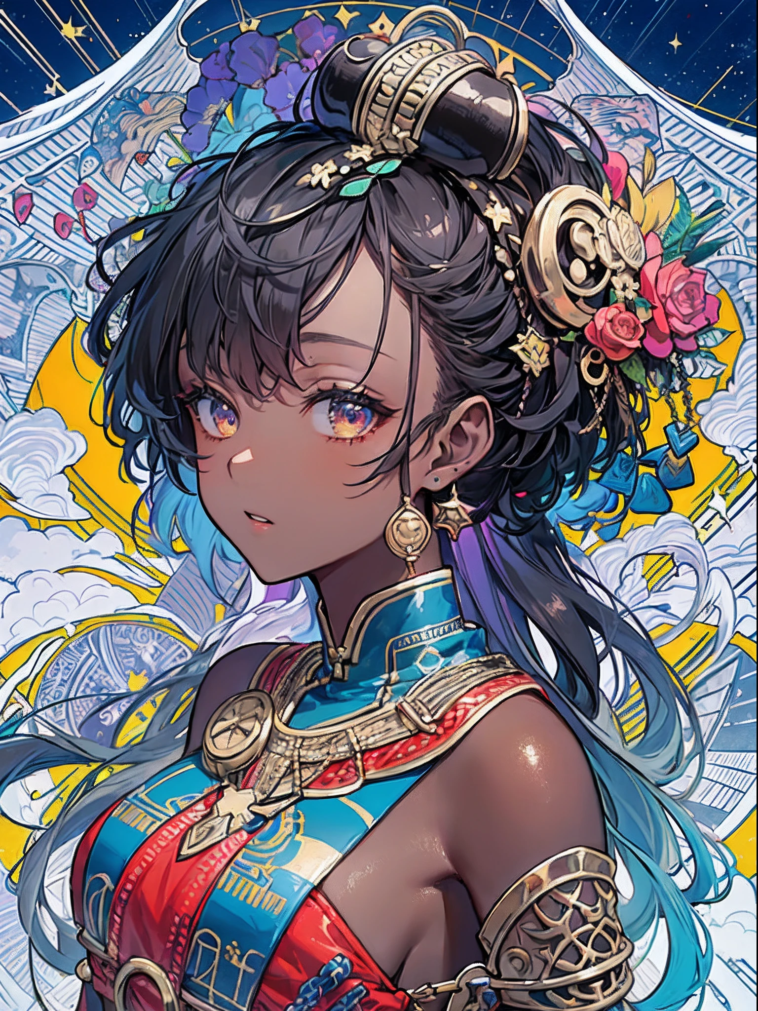 (masterpiece、top-quality、top-quality、afrocentricpaiting(afro)、african-american completion Official Art、Beautifully Aesthetic dark skin:1.2)、african-american features(1girl in:1.3)、(Fractal art:1.3)、The upper part of the body、from side、looking at the viewers、afrocentric patterns、(rainbow-colored hair、african ink、clouds、starrysky、stele、Rough kanji、