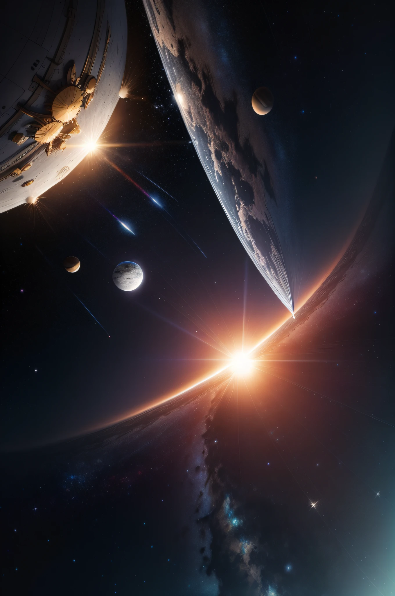 starryskybackground，Silver-gray pieces of paper，Two-way foil，solar system，The sun is centered，Pieces of paper embedded in the sun，The sun unfolds in two dimensions on paper。4k，Magnified and infinitely detailed。