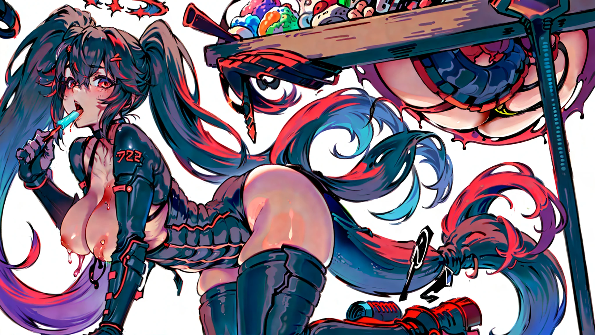 Anime girl lying on table, Beautiful anime girl kneeling with open legs, Biomechanical OPPAI, Sexy pudica pose gesture, seductive anime girls, with index finger, the anime girl is crouching, an oppai cyberpunk, hajime yatate, rogue anime girl ayanami rei, ryuko matoi, sexyposture, konachan,Exhale the mist,Stick out her tongue,Mermaid line,musculature,Ambiguous eyes,High-fork panties,Be red in the face,huge tit,over knee socks,open open mouth,Stick out her tongue, dropping saliva,White popsicles,Melted popsicles,Hair tied up,Long tongue,Single horsetail,The melted popsicle falls on the chest,Excitation,Rub your chest with your right hand,Plenty of liquid,White liquid,Floating popsicles,Suck on popsicles,looking at viewert,love heart,Throw a wink,Lick gently,Camel toes,Half-off coat,Oral sex,Popsicles in his mouth,Semi-closed Eyes,Abs,musculature,Sunburn,Brown skin,Popsicle pointed to panties,Put popsicles in it,Hold your butt with your left hand,Thick and long popsicles,Openwork panties,Top crotch,Fork the legs,without wearing shoes,Mesh socks,Excretion of breast milk,yogurt,Yogurt comes out of the mouth,Yogurt flows from the inside,A small amount of belly yogurt,Lower breast,Excrete yogurt,Get wet,leg loops,Yogurt flows from the butt,Jet yogurt,The halo,Lunette de soleil,black long boots,Deep orange glowing eyes,coda,breast press,Popsicles rub panties,Show your ass