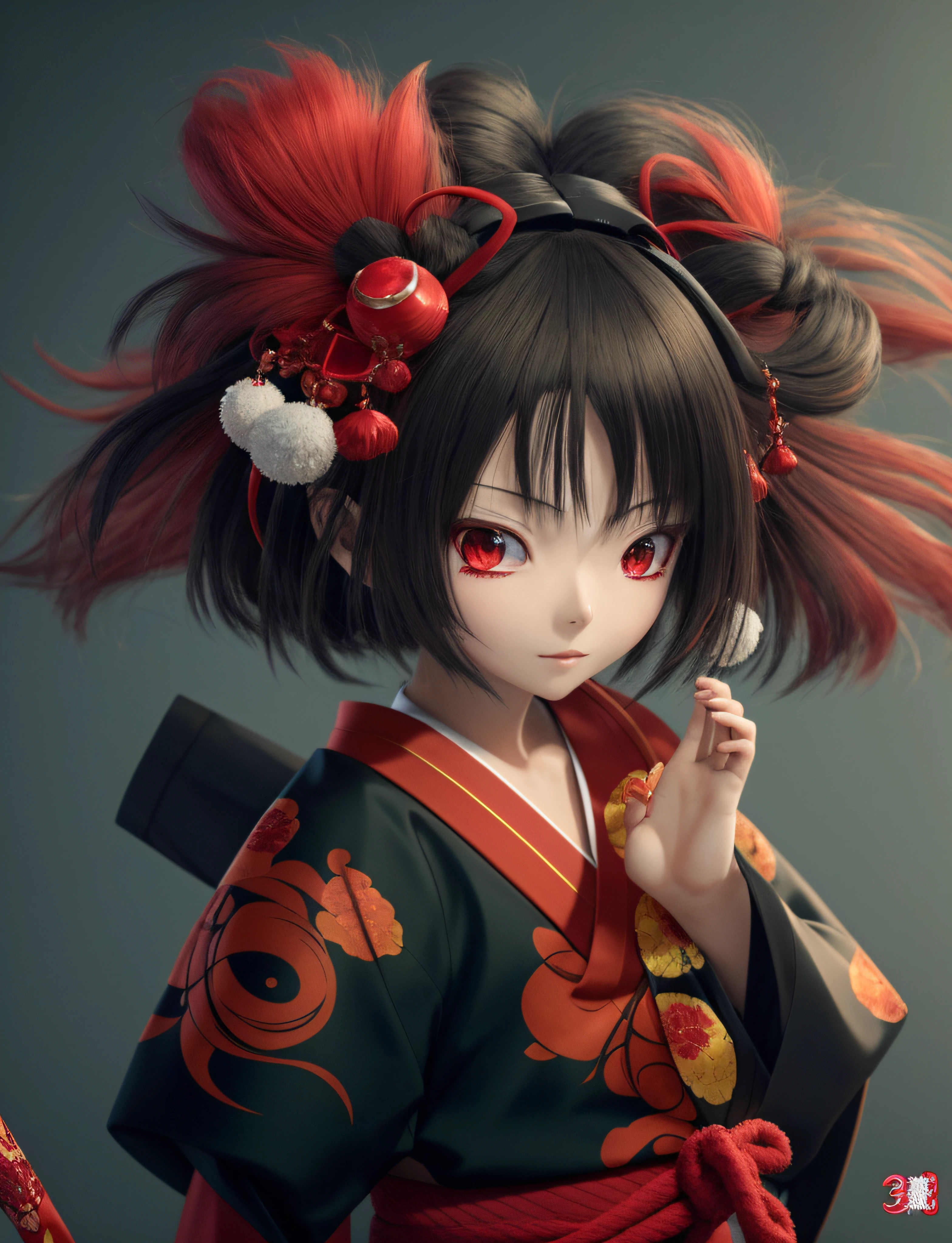 Anime girl with red hair and black kimono, anime style 4 k, anime styled 3d, Anime style. 8K, 3d anime girl, Detailed Digital Anime Art, render of a cute 3d anime girl, digital art in anime style, 3 d anime realistic, realistic anime 3 d style, 8k high quality detailed art, Stylized anime