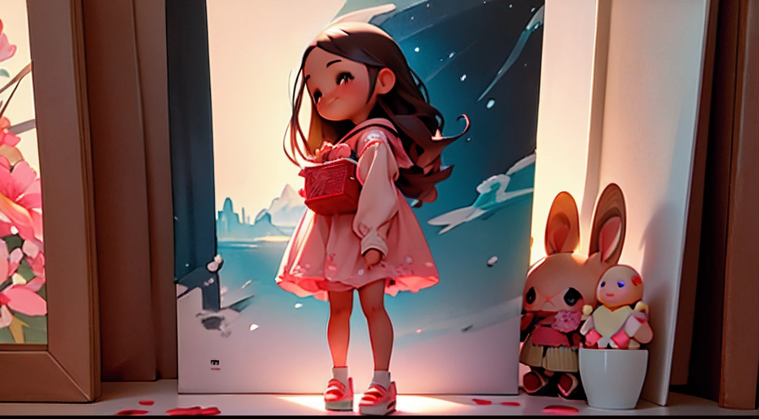 photoRealstic、Doll standing in front of the painting、bionde、Face crying while laughing、Tears on the cheeks、closing eye、Sengai、pixiv、rokoko、dollfie dream、watercolor Nendoroid、(High Definition Figure)、flowing sakura-colored silk、nendroid、bustup、Cherry blossom petals、Flowing cherry blossom silk、season!!: 🌸 ☀ 🍂 ❄