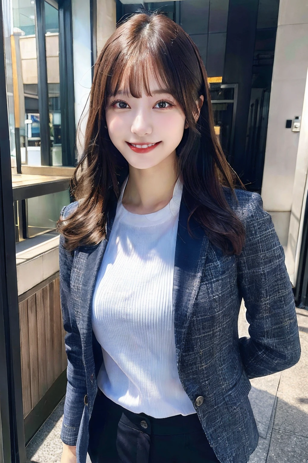 (8k, RAW photo, ultra high res, best quality, masterpiece:1.2), (realistic illustration), (extremely detailed CG unity 8k wallpaper), absurdres,
1 girl,21 yo, beautiful face,medium breasts,black medium hair,smile,tilting head,grin,upper body,slim fit pants,gray tailored jacket,office,upper body、乃木坂アイドル、女優、韓国アイドル