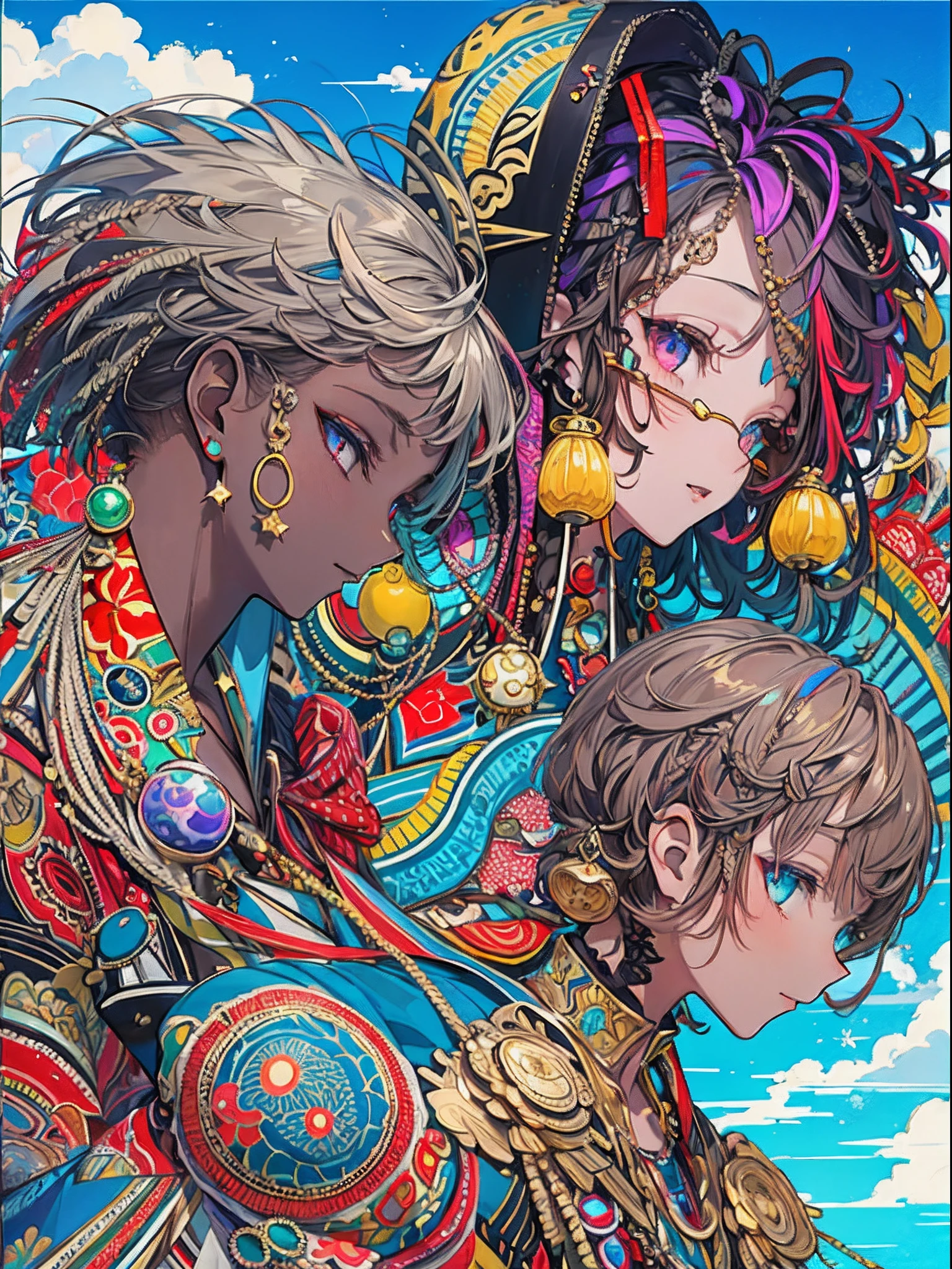 (​masterpiece、top-quality、top-quality、afrocentricpaiting(afro)、african-american completion Official Art、Beautifully Aesthetic dark skin:1.2)、african-american features(1girl in:1.3)、(Fractal art:1.3)、The upper part of the body、from side、looking at the viewers、afrocentric patterns、(rainbow-colored hair、african ink、​​clouds、starrysky、stele、Rough kanji、