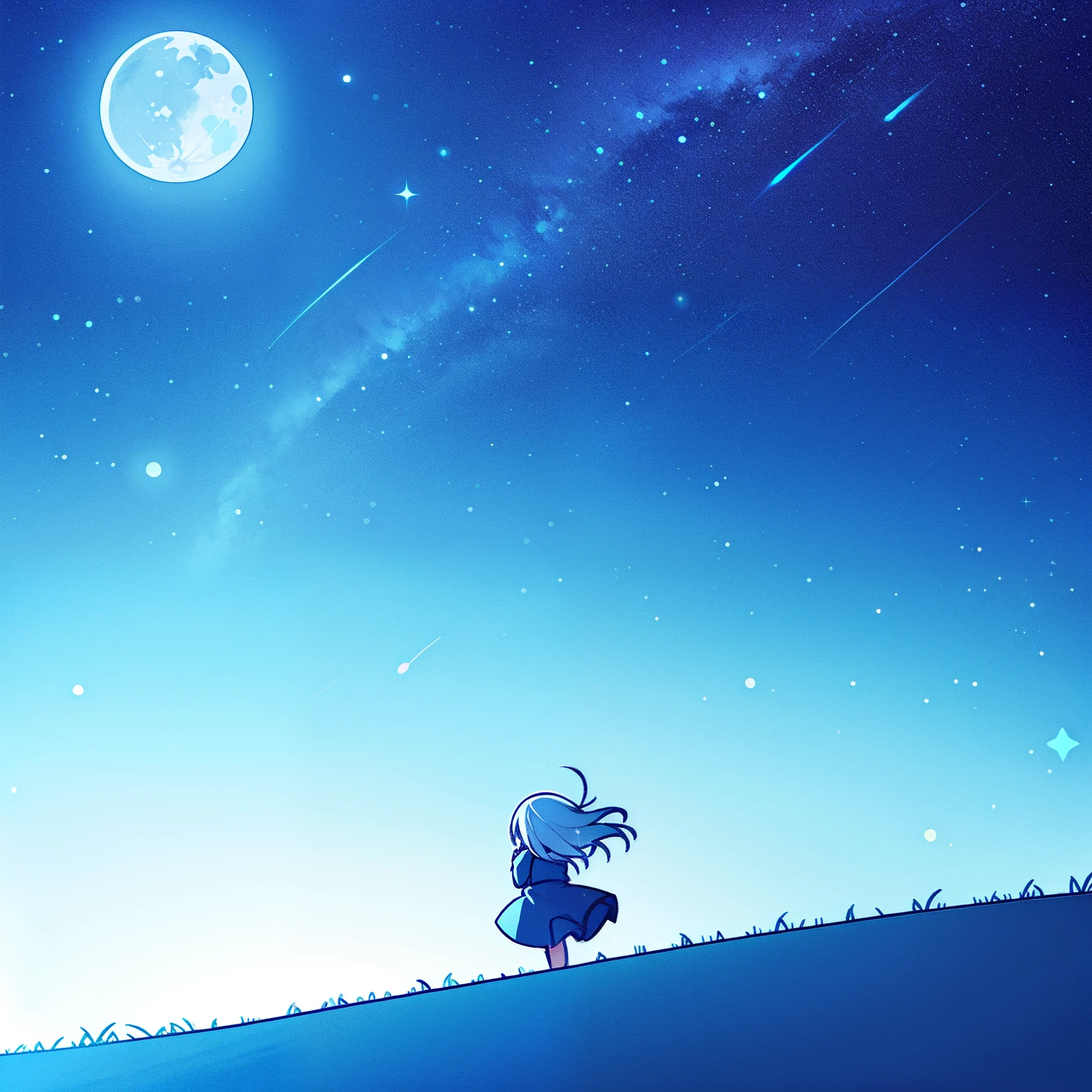 natta,Hair fluttering,Night view,The wind is blowing,,Beautiful starry sky,themoon