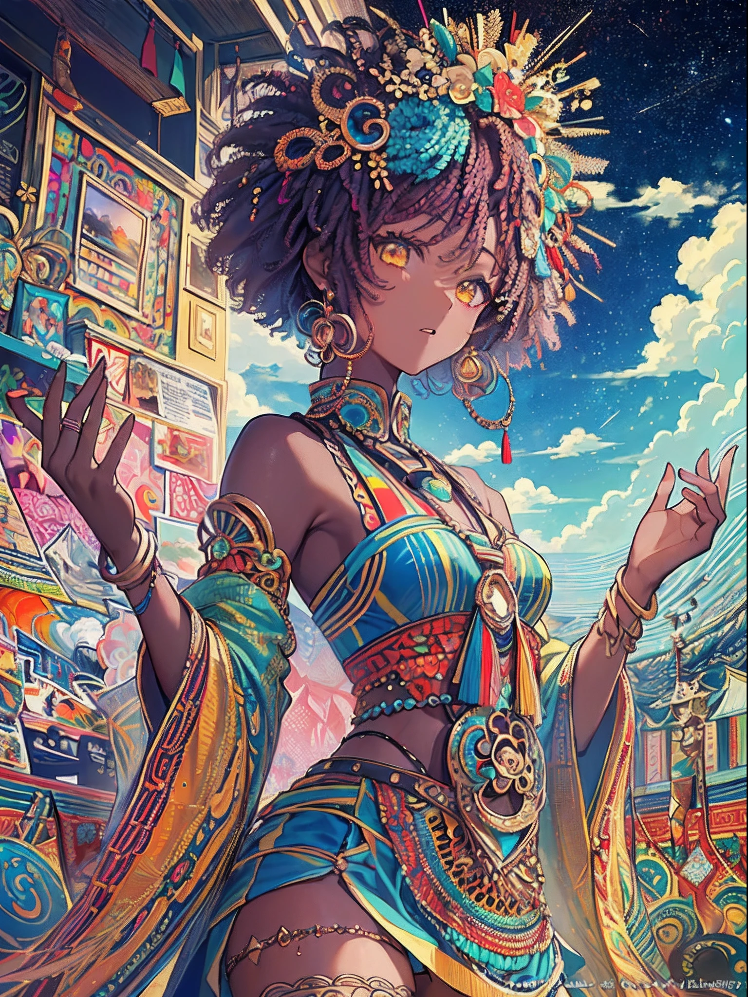 (masterpiece、top-quality、top-quality、afrocentricpaiting(afro)、african-american completion Official Art、Beautifully Aesthetic dark skin:1.2)、(1girl in:1.3)、(Fractal art:1.3)、full body、looking at the viewers、patterns、(rainbow-colored hair、colourful hair、african ink、clouds、starrysky、stele、Rough kanji、