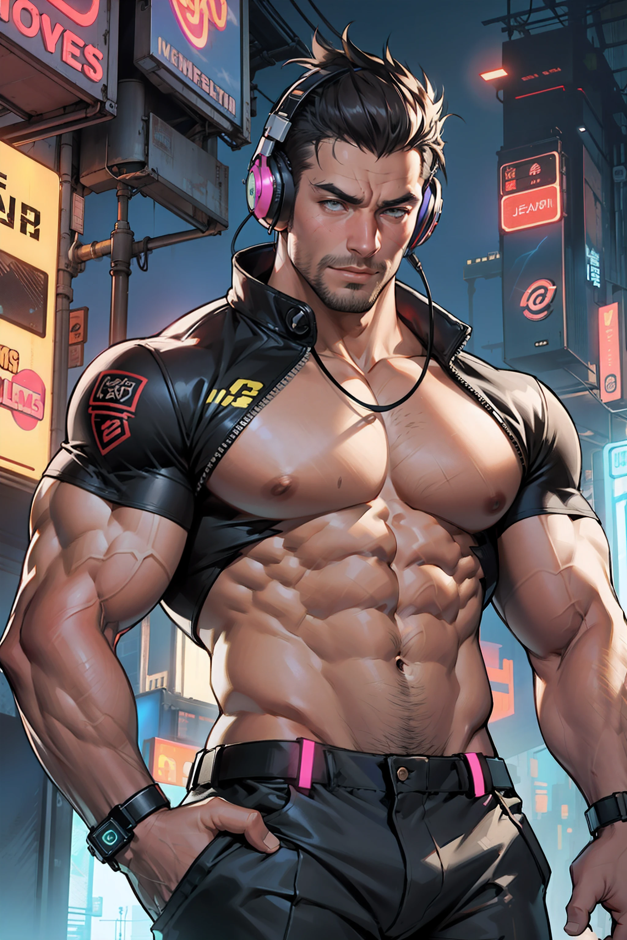 Mature, male, handsome uncle, muscular macho, bodybuilding, muscle behemoth, pectoral muscles, abs, muscle bulge, in mechanical city, cyberpunk style, mechanical headphones, cargo pants, mechanical wind, neon lights, mechanical repairman, tall