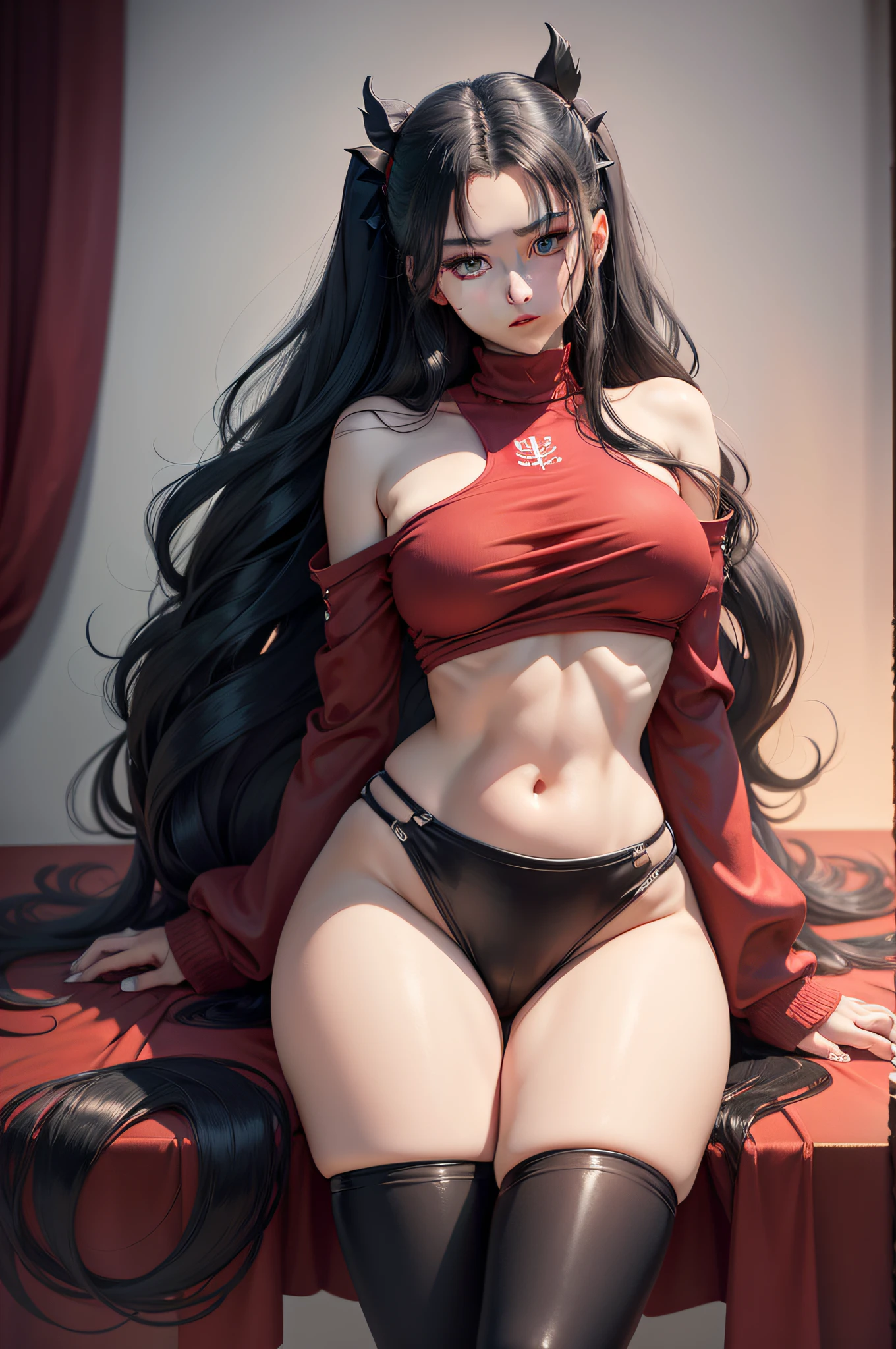 (Best quality), [Masterpiece], (tohsaka-rin), Sexy pose, breast enhancement, Nudity, Red sweater and black skirt, black thigh highs, Black double tail, Blue eyes,nakeness,A milky viscous liquid flows from between the legs,Casual pose,Nipple studs,dual horsetail，Large amounts of colored liquid，Lots of sex toys