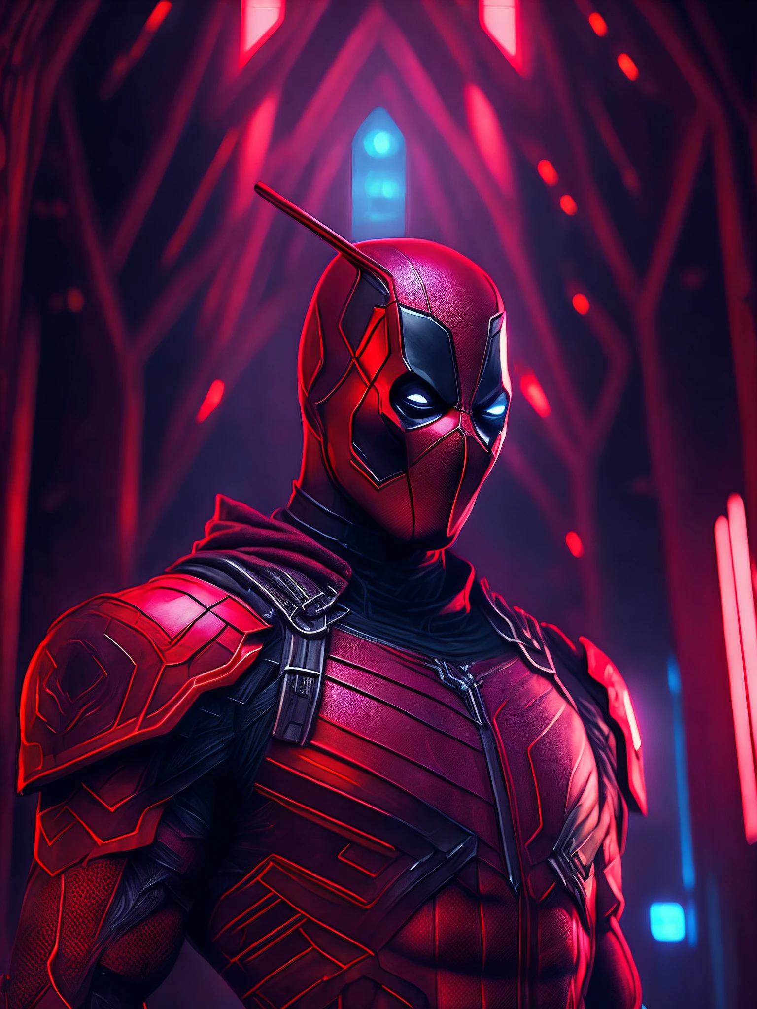 grim portrait of Deadpool from Marvel with intricate angular cybernetic implants inside a brutalist building, gothic brutalist cathedral, cyberpunk, award-winning photo, bokeh, neon lights, cybernetic limb