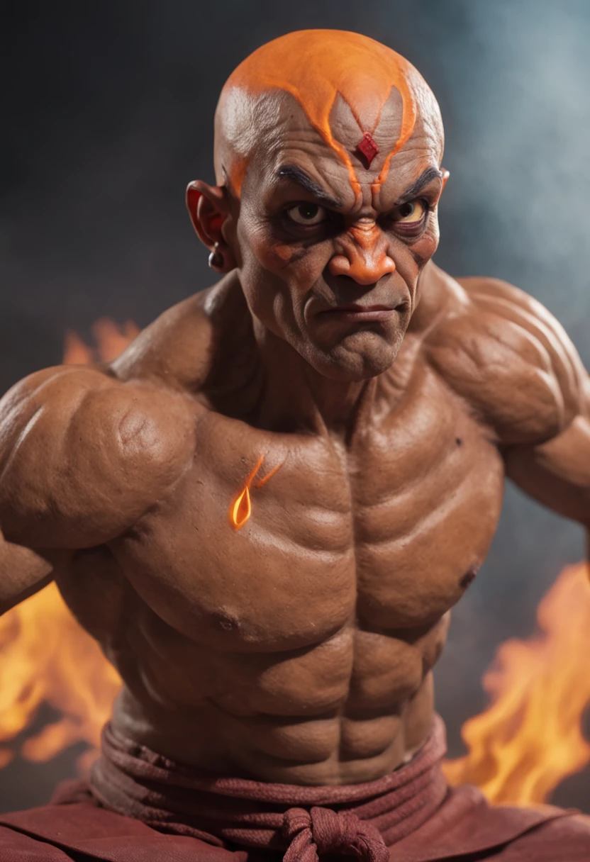 Dhalsim, Street Fighter, yoga flame, intimidating stance, closeup,Iconic character of high detail, realistic