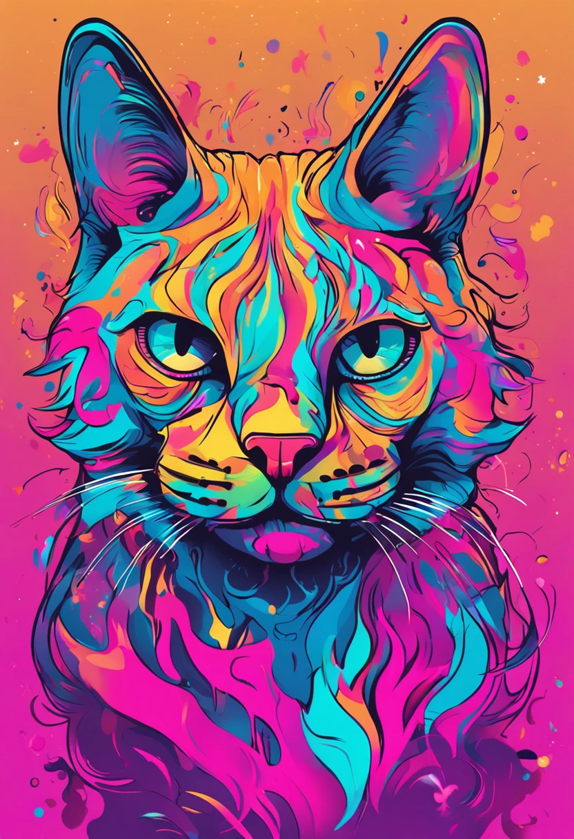 Cores neon, Cartoon style illustration of a cat as she sees the world while experiencing hallucinations, Banhado, Arte Splash, salpicou cores neon, Neon Glowy Smoke) efeitos de movimento, melhor qualidade, Arte do papel de parede, UHD, Imagem centralizada, ((cores planas)), (Estilo Cel-shading) cores neon muito vibrantes, imagem extremamente saturada (saturation 10) arte forrada a tinta, linhas em negrito, Modelo de camiseta. dar mais vida a imagem, melhorar cor, more color saturation, cores mais vivas.