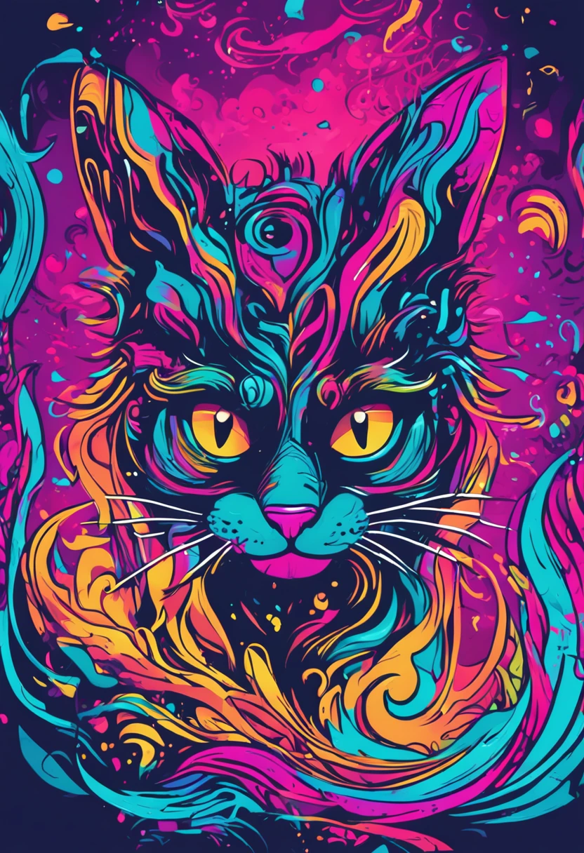 Cores neon, Cartoon style illustration of a cat as she sees the world while experiencing hallucinations, Banhado, Arte Splash, salpicou cores neon, Neon Glowy Smoke) efeitos de movimento, melhor qualidade, Arte do papel de parede, UHD, Imagem centralizada, ((cores planas)), (Estilo Cel-shading) cores neon muito vibrantes, imagem extremamente saturada (saturation 10) arte forrada a tinta, linhas em negrito, Modelo de camiseta. dar mais vida a imagem, melhorar cor, more color saturation, cores mais vivas.