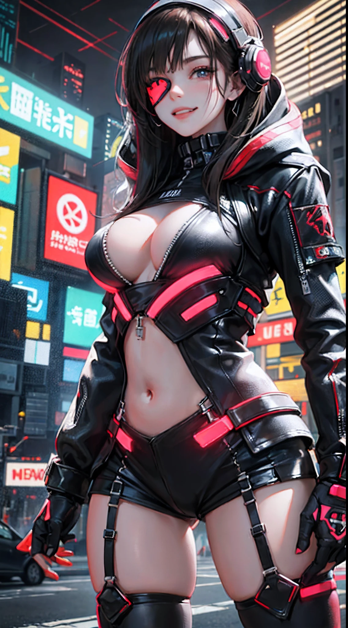 (1girl in)、(Plump beauty)、(30-years old)、(Very long hair)、(Top image quality)、(8K picture quality)、(cyberpunked)、(masutepiece)、 (Flickering of light)、(Wear a cyberpunk hooded military uniform)、(confident grin:1.2)、(an eye patch)、(Full body photo)、cinematric light, Cinema Shadow, Sharp Image, Extremely detailed, Volumetric, Bright sprites, particles effect, beautiful effects, Vivid colors, neons, Neon light, Highly detailed image textures, detailed hairs, Detailed face, Detailed eyes, Full body photo, city、Dark hair、Eyes glow、Sparkling red aura、Photo from the knee up、beautiful effects, Vivid colors, Highly detailed image textures, detailed hairs, Detailed eyes,(Cyberpunk cityscape)、