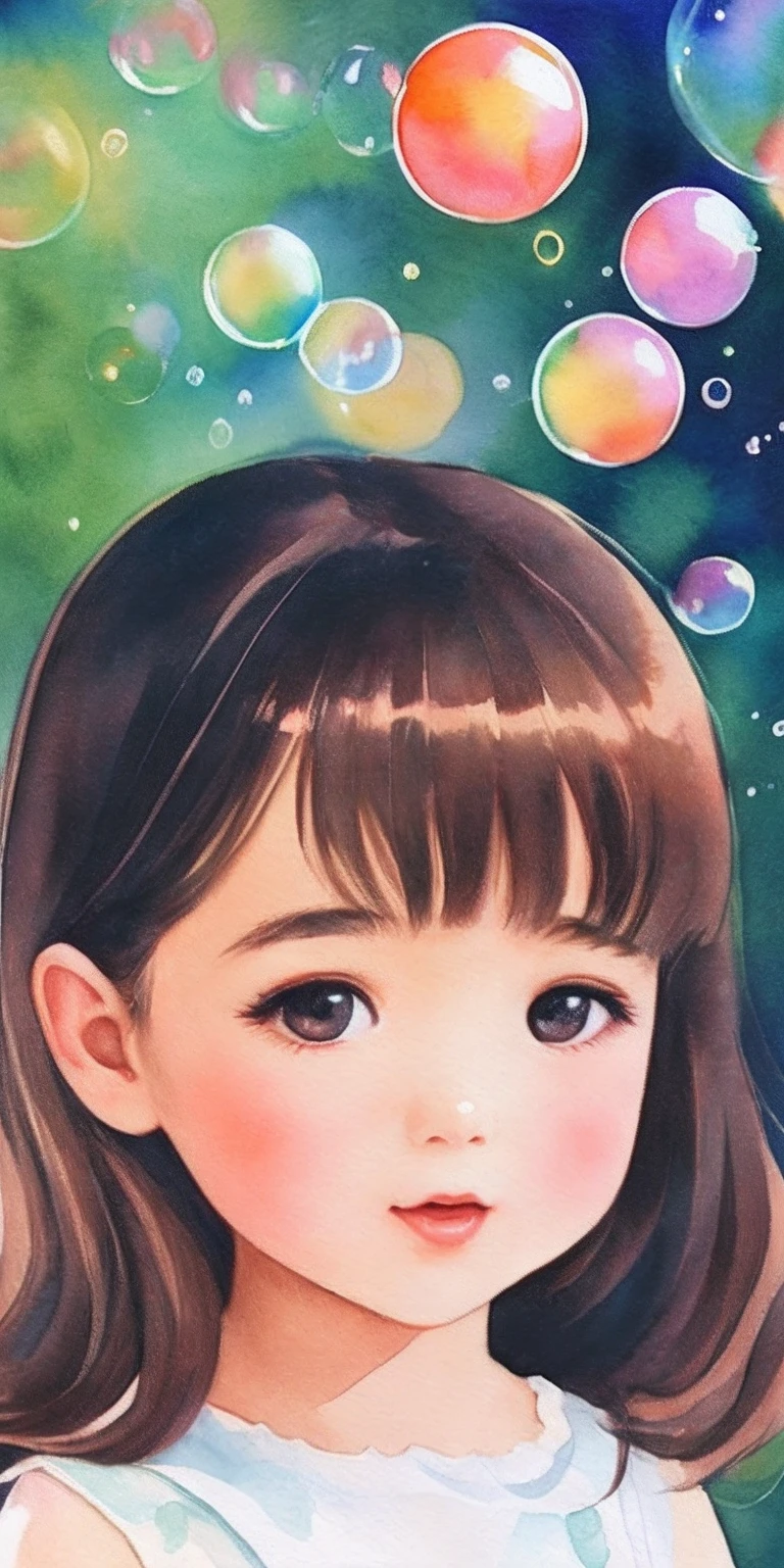retro、Good old、Heartwarming illustrations、watercolor paiting、 girl and soap bubbles、detailed facial expression、spherical