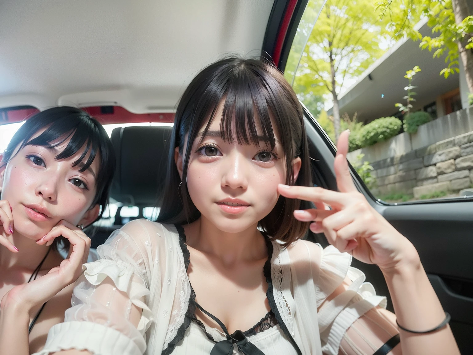 There were two young girls sitting in the car.、One is pointing, hime-cut, chiho, shikamimi, She has black hair with bangs, taken with sony alpha 9, sui ishida with black hair, With short hair, very very low quality picture, 8K selfie photo, Shiori Teshirogi