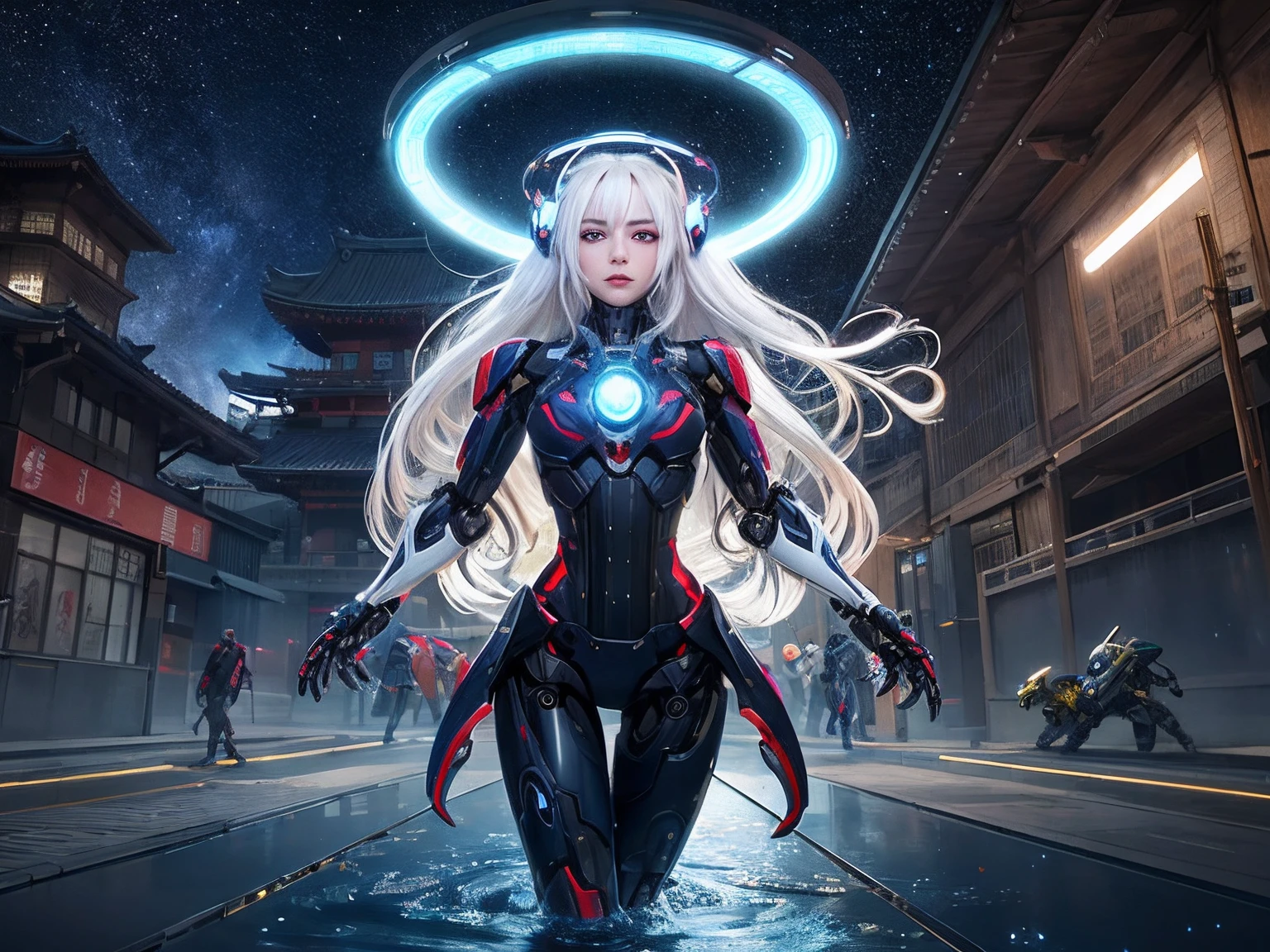 masterpiece,best quality,ultra-detailed,very detailed illustrations,extremely detailed,intricate details,highres,super complex details,extremely detailed 8k cg wallpaper,cowboy shot, caustics,reflection,ray tracing,demontheme,nebula,dark aura,cyber effect, (1girl:1.4),solo,alone,mecha musume,mechanical parts, robot joints,single mechanical arm, headgear, mechanical halo,star halo,intricate mechanical bodysuit, mecha corset, kimono, full armor, very long hair,white hair, hair between eyes, multicolored hair, colored inner hair, red eyes,glowing eye,eye trail, random expressions,random action, ancient japanese architecture,pond, starry sky,skyline,