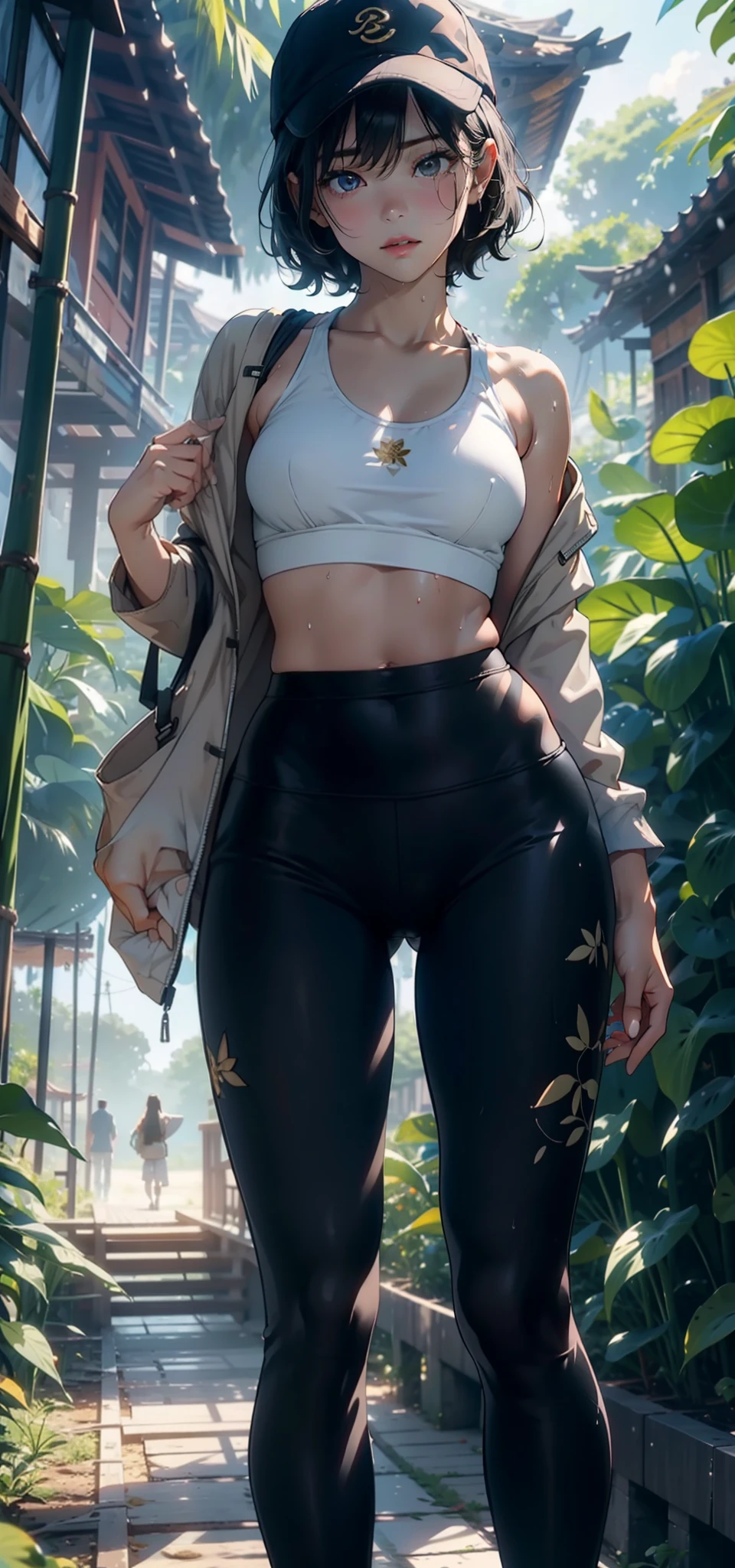 1female,Small li,Small breasts,独奏,(Background with:bamboo forrest,lotuses,lotus flower,exteriors,Lotus pond) She has short black hair,standing on your feet,Sweat profusely,drenched all over the body,seen from the front, hair straight, mostly cloudy sky,(((tmasterpiece),(Very detailed CG unity 8K wallpaper),best qualtiy,cinmatic lighting,detailed back ground,beatiful detailed eyes,Bright pupils,Black eyes,(Very fine and beautiful),(Beautiful and detailed eye description),ultra - detailed,tmasterpiece,)),facing at camera,A high resolution,ultra - detailed),revealing breasts,Bare genitalia, Bulge,legs are open,Raised sexy,Camel toes,Flushed complexion,Open-mouthed,frontage,elearing:black legging pants,Baseball jacket,baseball cap,nakeness,Gold wire embroidery,Bare breasts,Bare lower body,athletic sneakers)Full body photo,Show shoes