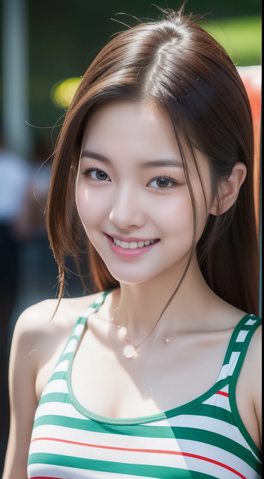 realistic photos of 1 cute Korean star, tentacle hair , white skin, thin makeup, 32 inch breasts size, slightly smile, green striped tank top, pants, walking in food fair, night, close-up portrait, god rays, UHD