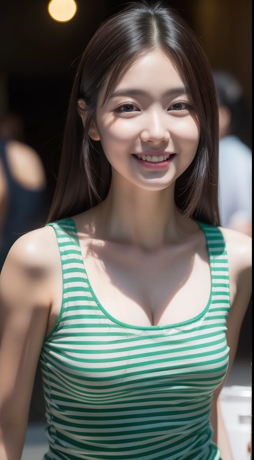 realistic photos of 1 cute Korean star, tentacle hair , white skin, thin makeup, 32 inch breasts size, slightly smile, green striped tank top, pants, walking in food fair, night, close-up portrait, god rays, UHD