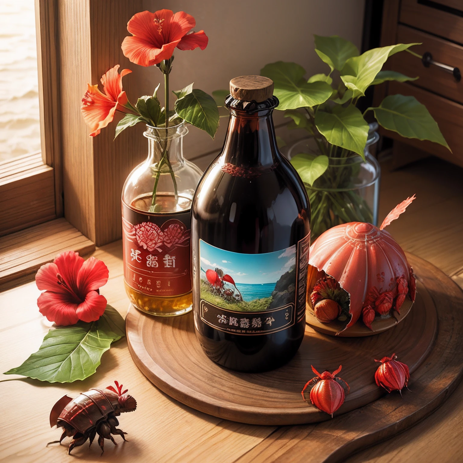 hibiscus、bottles、hermit crab