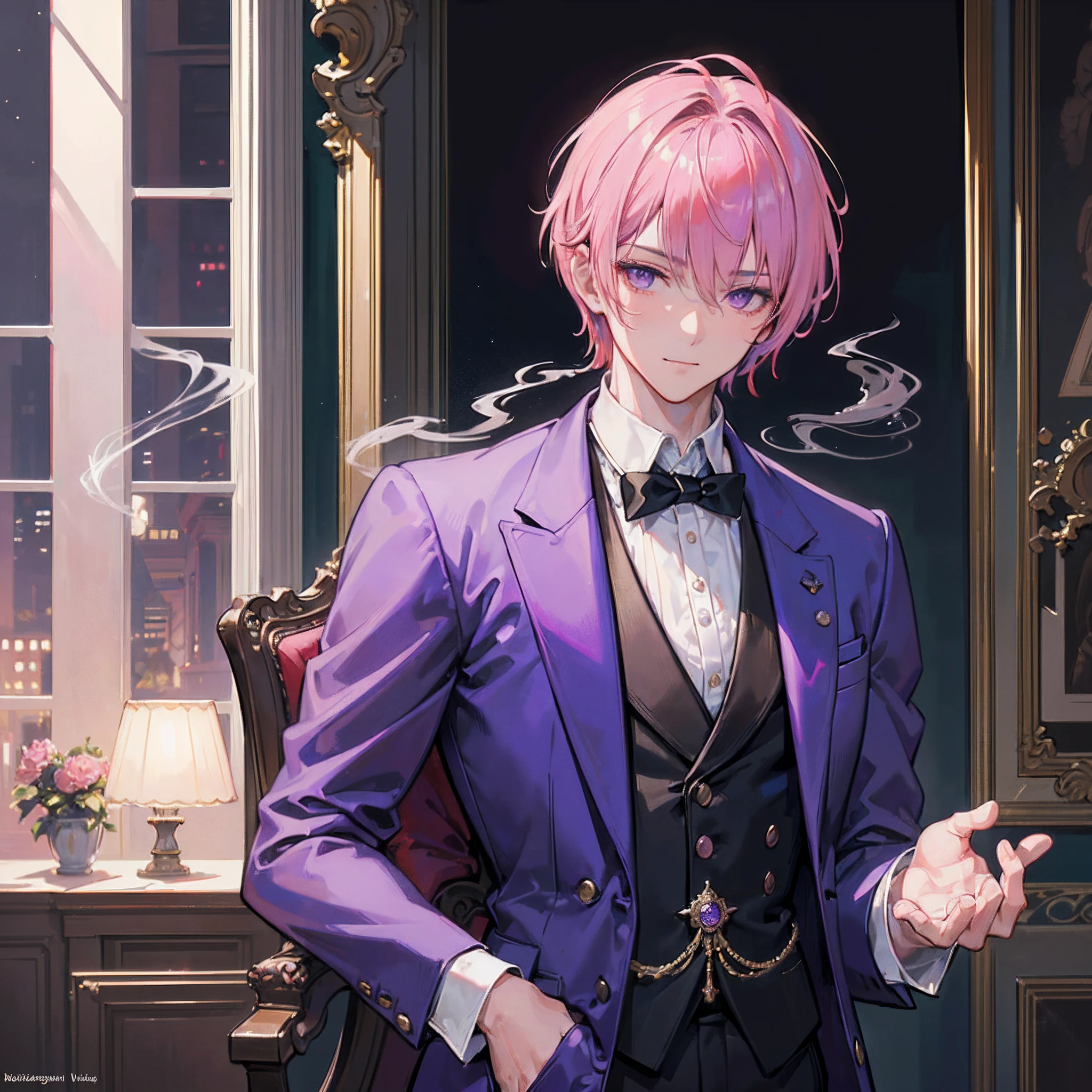 undercucho Close Portrait of Elegant Person [undercucho] in bespoke MAN suit: tall muscular man, classic style, intricate detial baroque, elegant, bright lights, highly detailed, digital painting, artstation, concept art, soft and sharp focus, portrait , illustration, art by wlop, mars ravelo and greg rutkowski (High detail skin: 1.2), 8k uhd, DSLR, soft lighting, high quality, film grain, Fujifilm XT3 mix4, male model, (((1 MAN))) suit, seductive, Florence, Italy background, (((/LOOKING AT THE VIEWER/))) ((((SHORT PINK HAIR))) (((LONG BANGS))) (((VIOLET EYES))) (((DELIGHTED LOOK))), SMILE, MYSTERIOUS AURA, night, bokeh, depth of field, (upper body: 1.0), best quality, intricate details, detailed eyes, masterpiece, film grain, 1900s, kodakchrome, flashlight, strange smoke around him, MASTERPIECE
