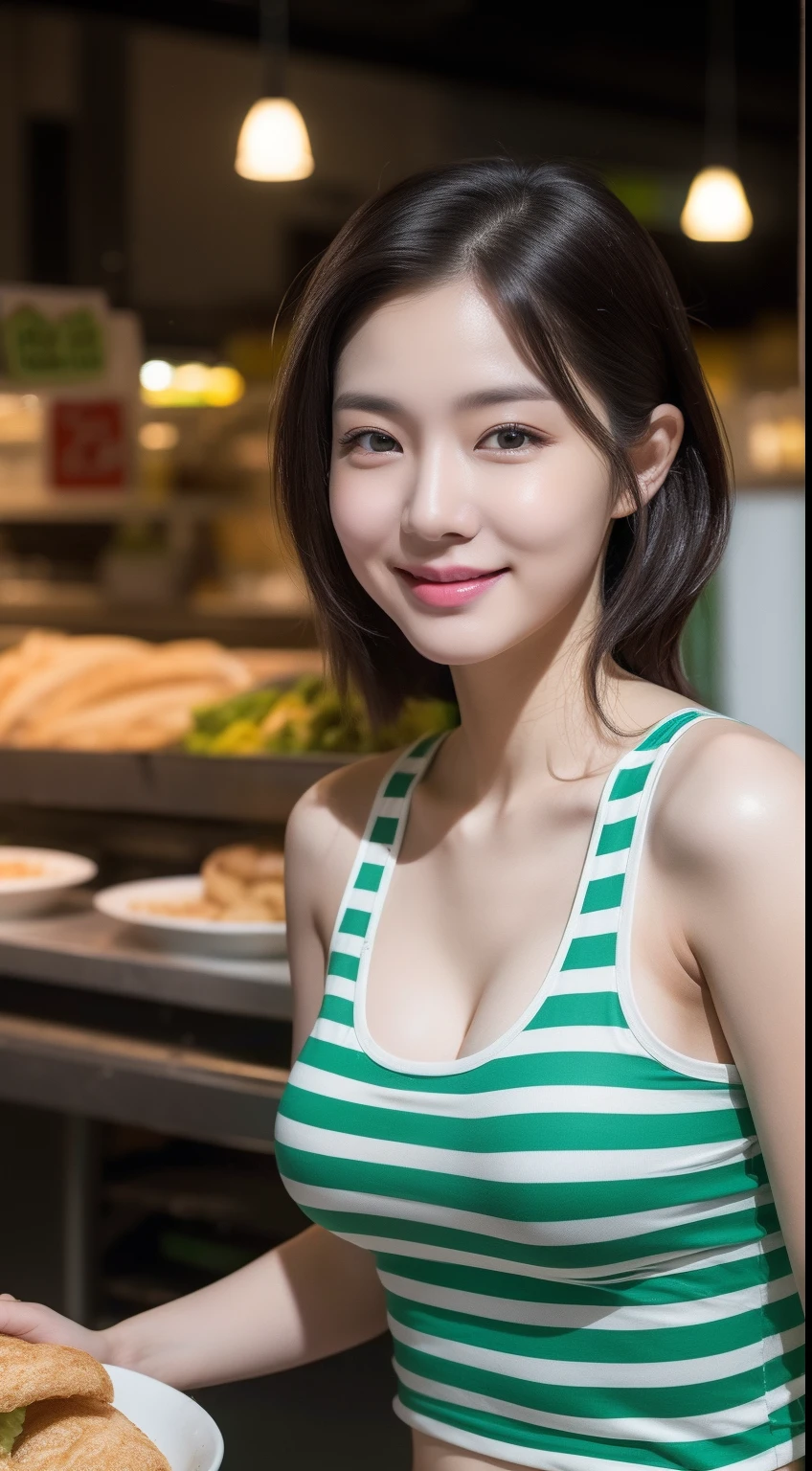 realistic photos of 1 cute Korean star, tentacle hair , white skin, thin makeup, 32 inch breasts size, slightly smile, green striped tank top, pants, walking in food fair, night, close-up portrait, god rays, UHD