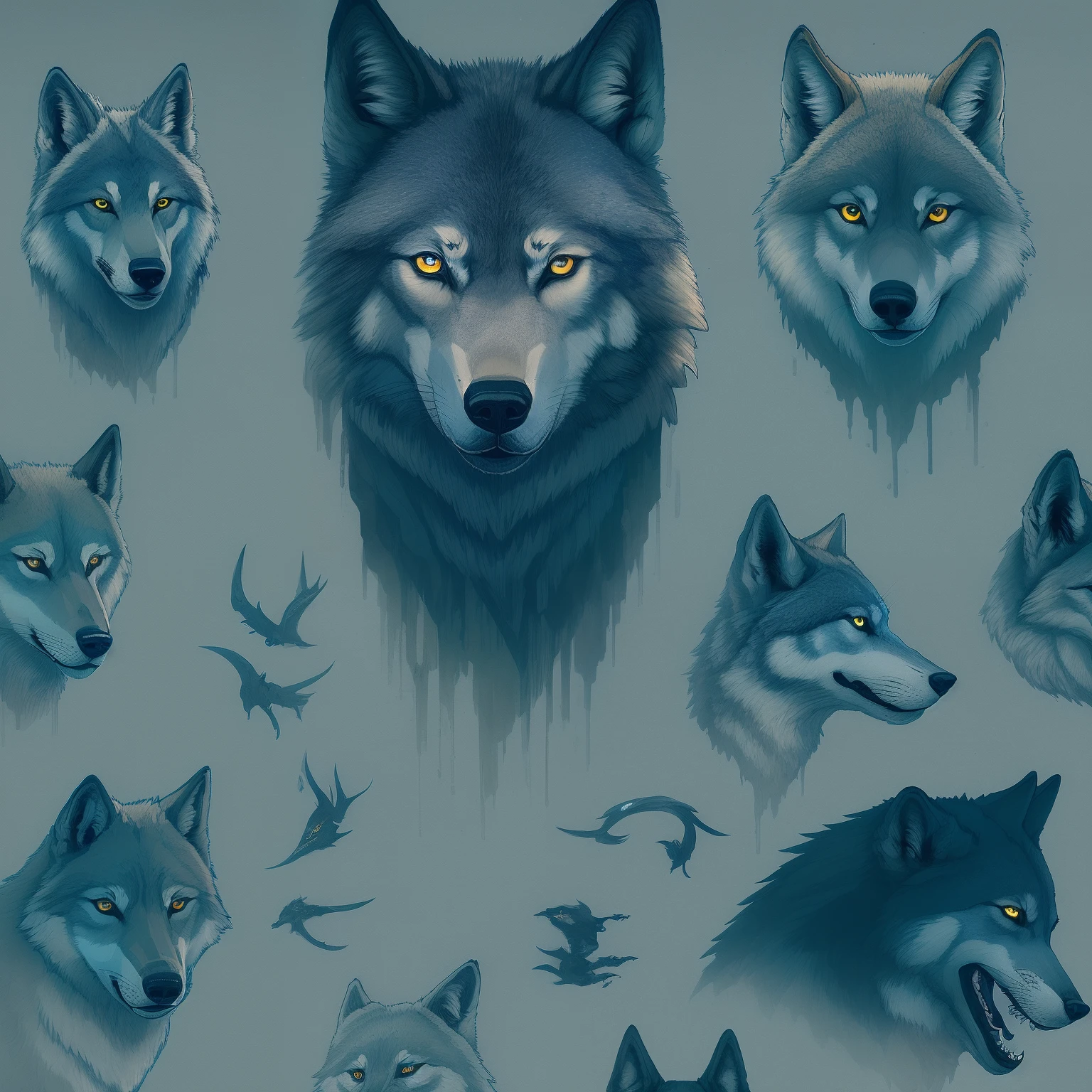 a close up of a bunch of different types of wolfs, wolves, anthro wolf face, angiewolf, wolf, blue wolf, by Galen Dara, wolf portrait, fantasy wolf portrait, alpha wolf head, wolves and their treasures, detailed fanart, traditional art, inspired by Wolf Huber, loish and wlop, wallpaper art, dark grey wolf