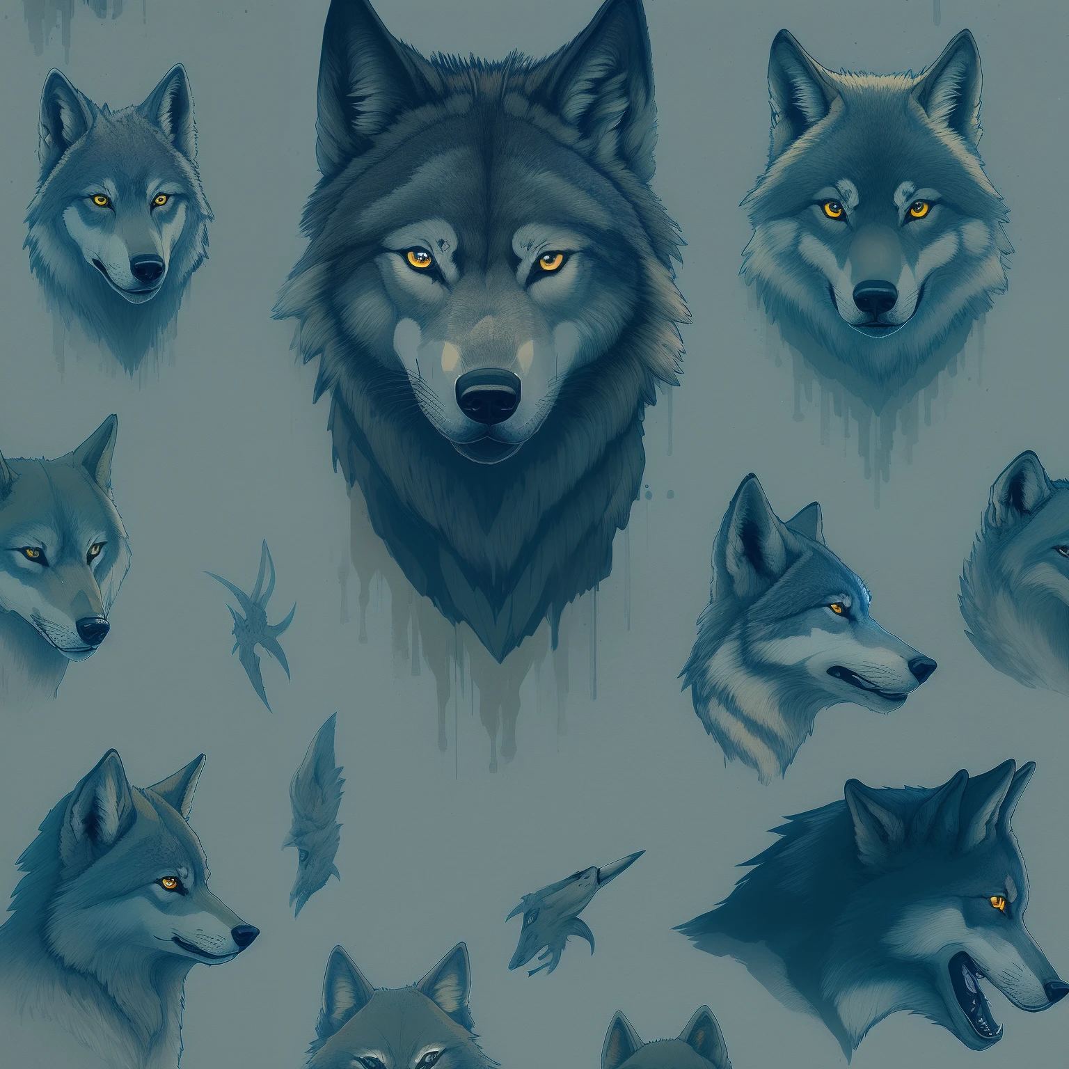 a close up of a bunch of different types of wolfs, wolves, anthro wolf face, angiewolf, wolf, blue wolf, by Galen Dara, wolf portrait, fantasy wolf portrait, alpha wolf head, wolves and their treasures, detailed fanart, traditional art, inspired by Wolf Huber, loish and wlop, wallpaper art, dark grey wolf