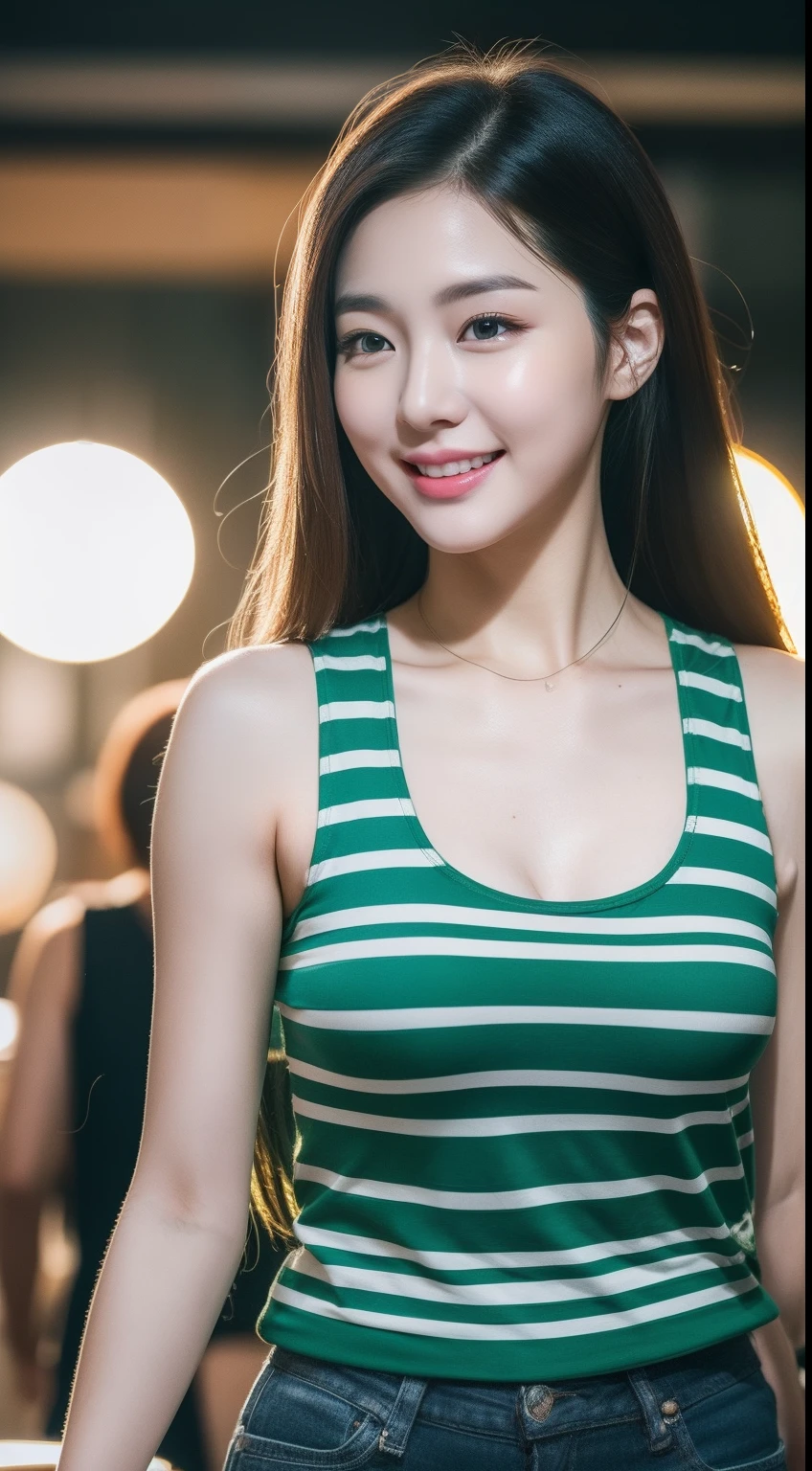 realistic photos of 1 cute Korean star, tentacle hair , white skin, thin makeup, 32 inch breasts size, slightly smile, green striped tank top, pants, walking in food fair, night, close-up portrait, god rays, UHD