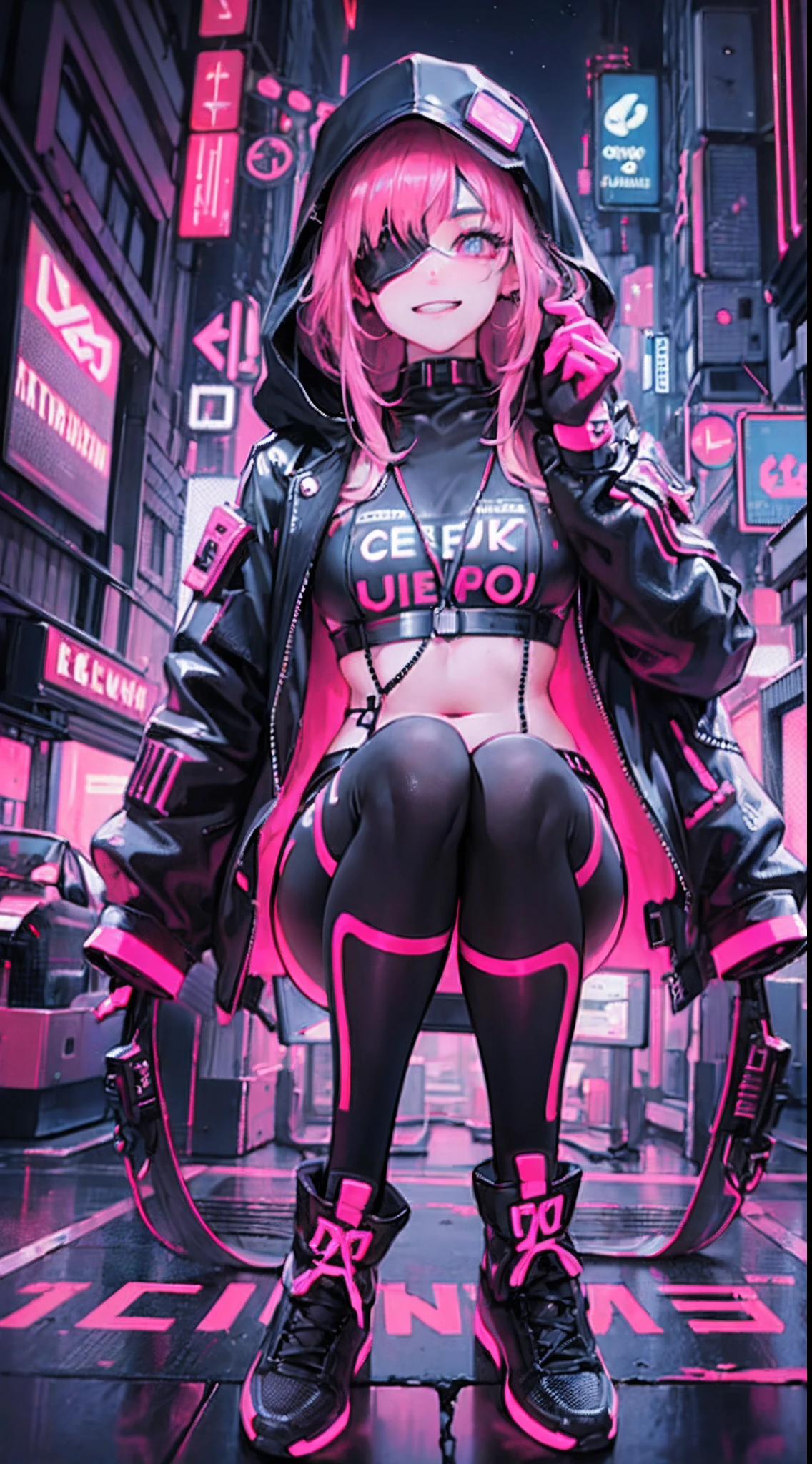 (1girl in)、(Plump beauty)、(30-years old)、(very long pink hair)、(Top image quality)、(8K picture quality)、(cyberpunked)、(masutepiece)、 (Flickering of light)、(Wear a cyberpunk hooded military uniform)、(confident grin:1.2)、(an eye patch)、(Full body photo)、(Sharp Image), cinematric light, Cinema Shadow, Extremely detailed, Volumetric, Bright sprites, particles effect, beautiful effects, Vivid colors, neons, (Neon light:1.5), Highly detailed image textures, detailed hairs, Detailed face, Detailed eyes, Full body photo, city、Dark hair、Eyes glow、Sparkling red aura、Photo from the knee up、beautiful effects, Vivid colors, Highly detailed image textures, detailed hairs, Detailed eyes,(Cyberpunk cityscape at night:1.5)、