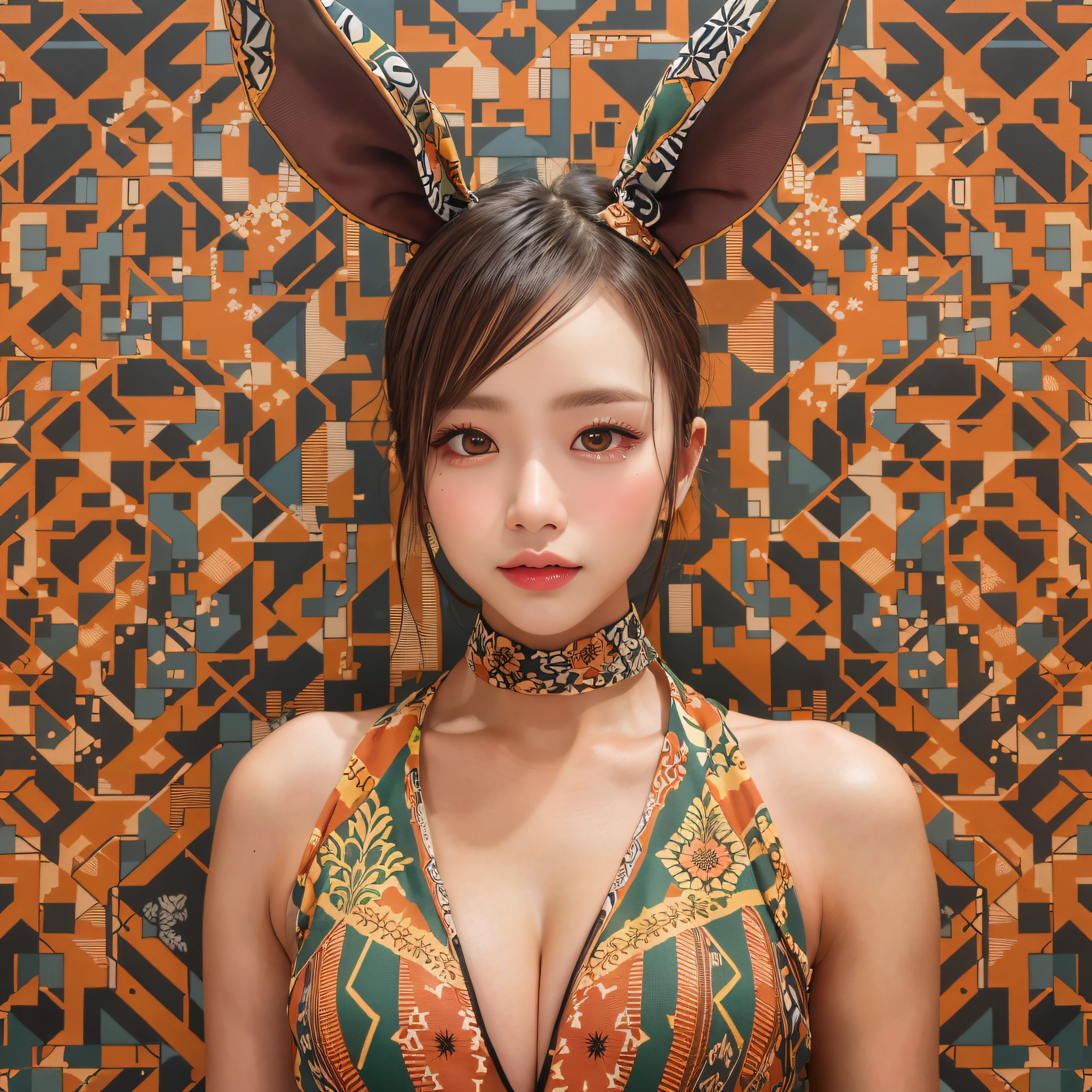 (((symmetrical, Compositions with colorful geometric arabesque patterns))), 
((top quality)), ((photorealsitic)), ((sharp focus)), (raw photo), (1girl), (upper body), (hair bun, single braid), (dark brown hair), (medium breast:1.3), (lipgloss), (make up), (Show cleavage), 
(asian girl), (ultra delicate face), (ultra Beautiful fece), (ultra delicate eyes), (ultra detailed nose), (ultra detailed mouth), (ultra detailed arms), (ultra detailed legs), (ultra detailed body), 
BREAK ((black playboy bunny)), (from the front side)