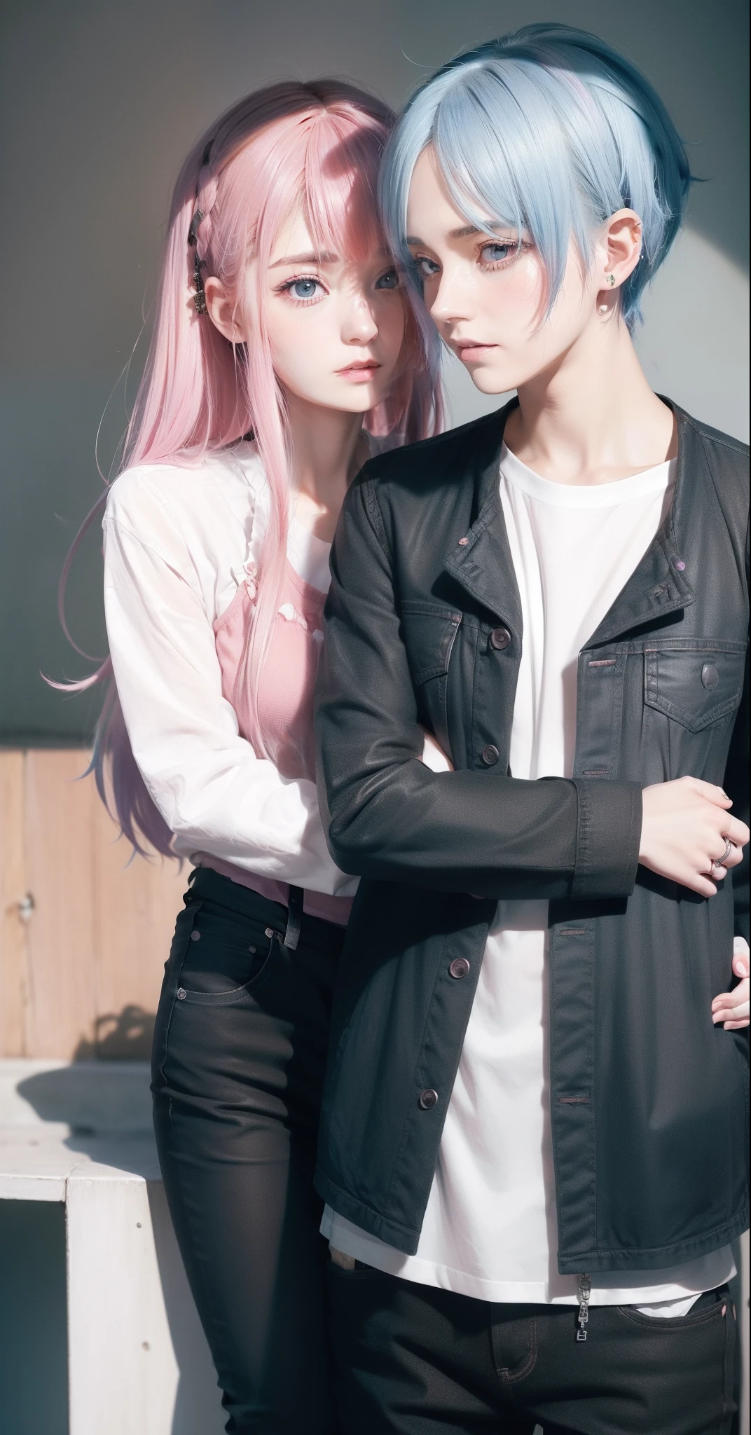 Male and female couples, Idol couple, Idol Photos, Magazine covers, Photos of actors, Professional Photos, Height difference, tall, Happiness, youthfulness, lovey-dovey, Deep kiss, Juice dripping from the mouth, extra detailed face, detailed punk hair, very detailed character, inspired by Sim Sa-jeong, single realistic face, Cai Xukun's, detailed realistic faces, highly detailed realistic face, high detailed face anime, realistic detailed face, Accurate detailed face, attractive androgynous humanoid, Black Casual Idol Costume, ((Man with light blue hair)), ((Woman with pink hair)), ((Woman with long hair below waist)), ((Man with short hair over ears)), ((Pink hair woman with gentle expression)), ((Man with light blue hair with wild expression)), high-level image quality, ​masterpiece, Photographed so that the whole body can be seen, Photographed to make clothes look beautiful, Take your eyes off, ((two individuals)), ((Woman hugging man from behind)),