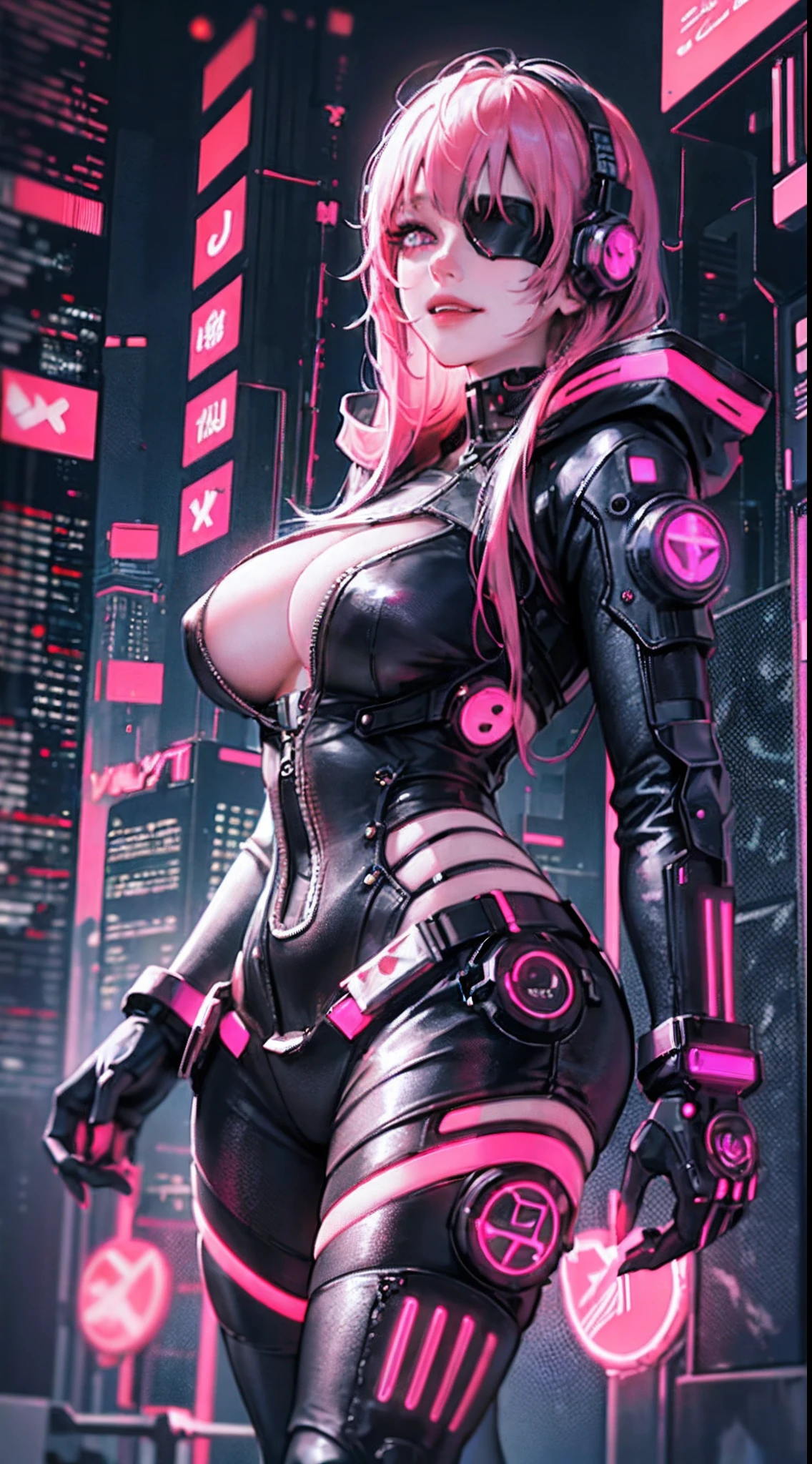 (1girl in)、(Plump beauty)、(30-years old)、(very long pink hair)、(Top image quality)、(8K picture quality)、(cyberpunked)、(masutepiece)、 (Flickering of light)、(Wear a cyberpunk hooded military uniform)、(confident grin:1.2)、(an eye patch)、(Full body photo)、(Sharp Image), cinematric light, Cinema Shadow, Extremely detailed, Volumetric, Bright sprites, particles effect, beautiful effects, Vivid colors, neons, (Neon light:1.5), Highly detailed image textures, detailed hairs, Detailed face, Detailed eyes, Full body photo, city、Dark hair、Eyes glow、Sparkling red aura、Photo from the knee up、beautiful effects, Vivid colors, Highly detailed image textures, detailed hairs, Detailed eyes,(Cyberpunk cityscape at night:1.5)、