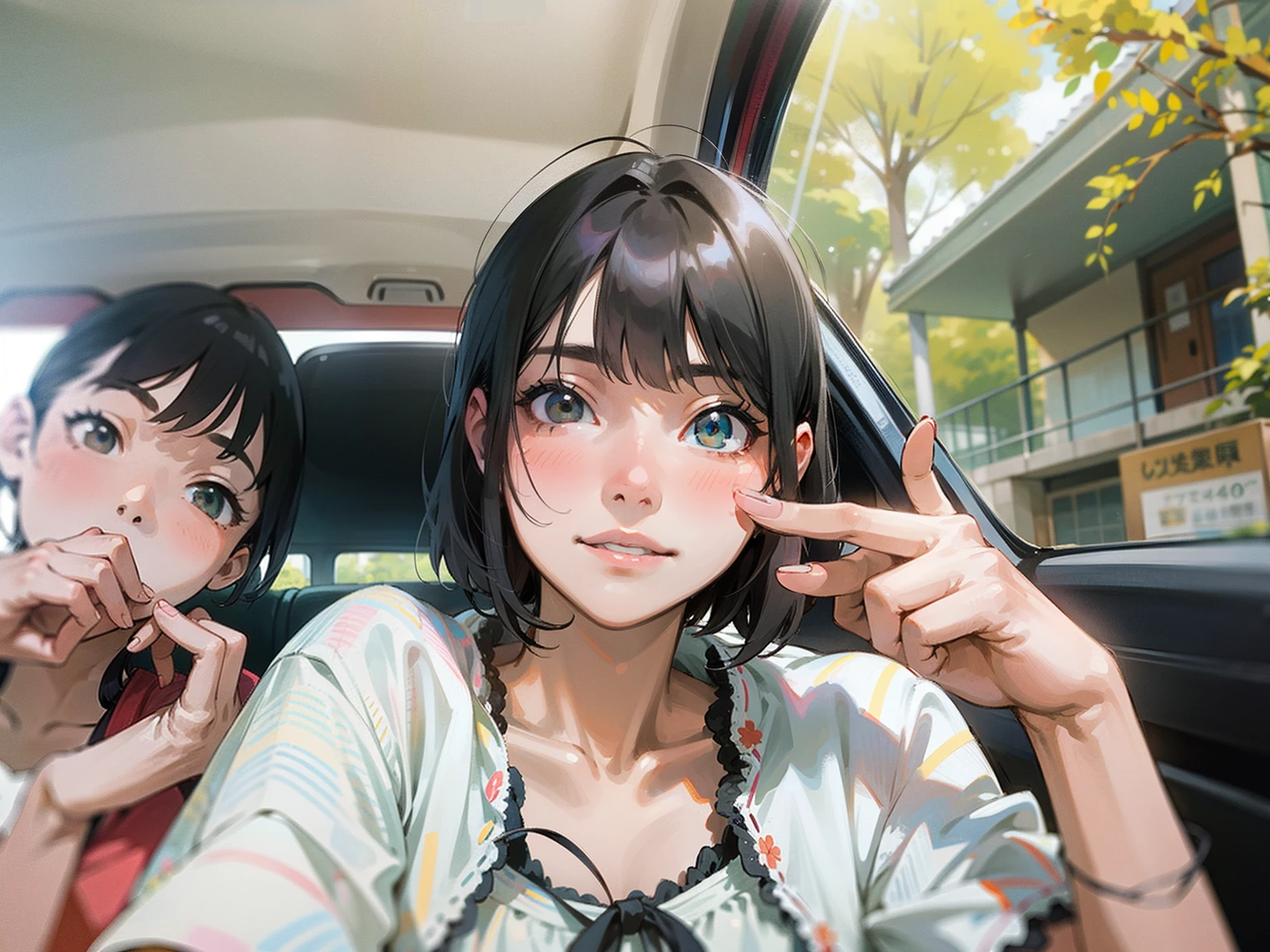 There were two young girls sitting in the car.、One is pointing, hime-cut, chiho, shikamimi, She has black hair with bangs, taken with sony alpha 9, sui ishida with black hair, With short hair, very very low quality picture, 8K selfie photo, Shiori Teshirogi