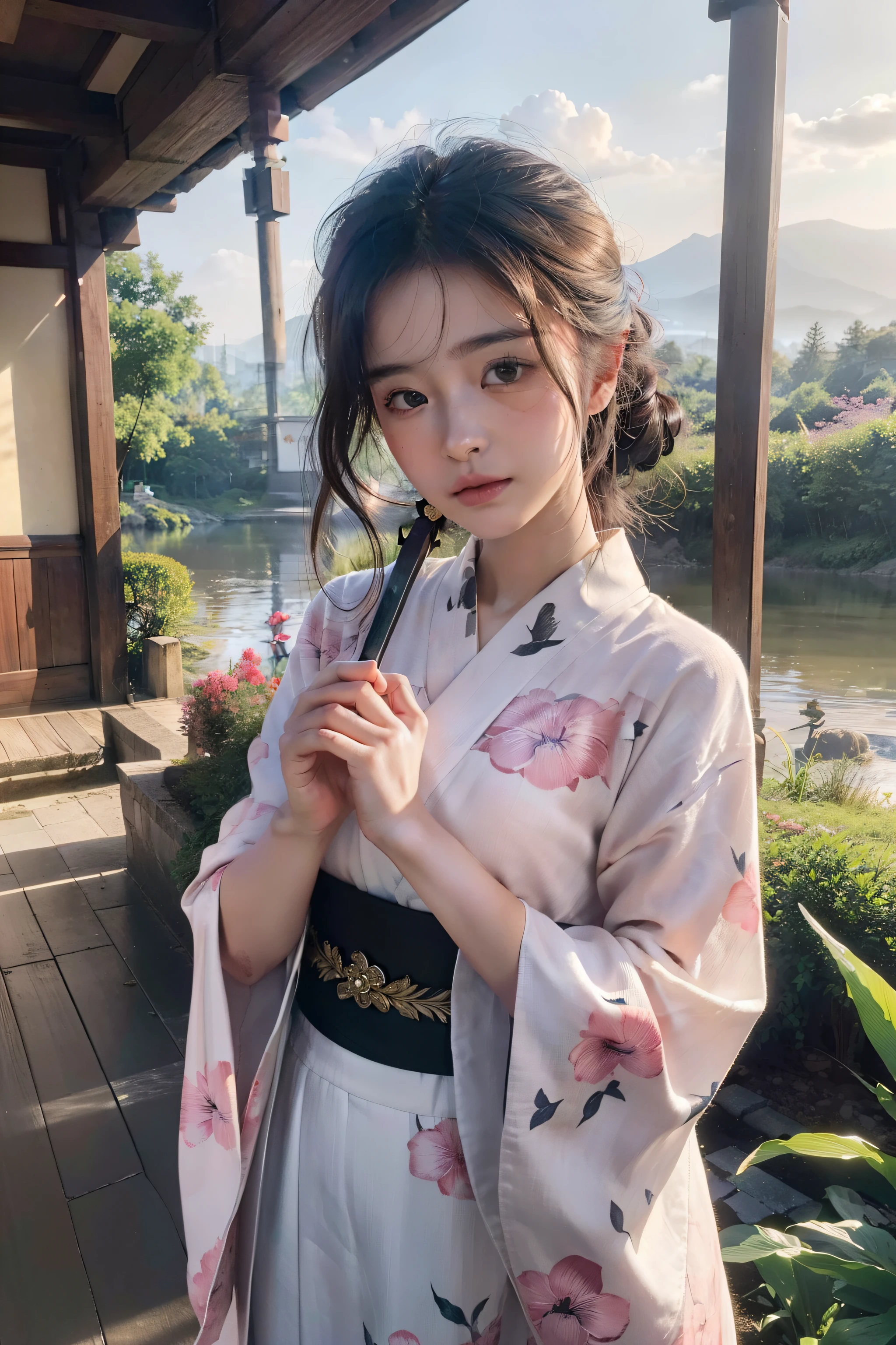 a picture、Cinematic scene、Young girl in Japan fighting frog monster、Japanese teenage girl、Wearing a yukata、Holding a long Japan sword in his hand、She's staring at you、Beautiful Girl 1、Multiple frog monsters on the background、In the landscape of a midsummer afternoon、Abandoned station building、Halation of afternoon sunlight reflected on the floor、Background and Japan sword、(credibly_absurderes,Huge_filesize:1.37),(​masterpiece:1.37),(top-quality:1.37),(realisitic,Photorealsitic:1.2),Ray traching,Realistic lighting,(illuminations,Glow),((film grains:1.37)),(Exquisite details and textures:1.2),(8K分辨率:1.2),(ultra -detail:1.2),(Sharp Focus 1.2),(Raw photography:1.0),(Beautiful Detail Face、Beautiful Detail Eye、 radiant eyes、long eyeslashes、blush of the nose:1.2)、A dark-haired、((((perfect anatomia))))、viewer、Young Face、a beauty girl、(Well-formed hairstyles)、High class、(A slender:1.37)、(Detailed natural skin、detailed skin textures、Detailed black hair、Random Hair Styles)、Facial light、(ciinematic light)