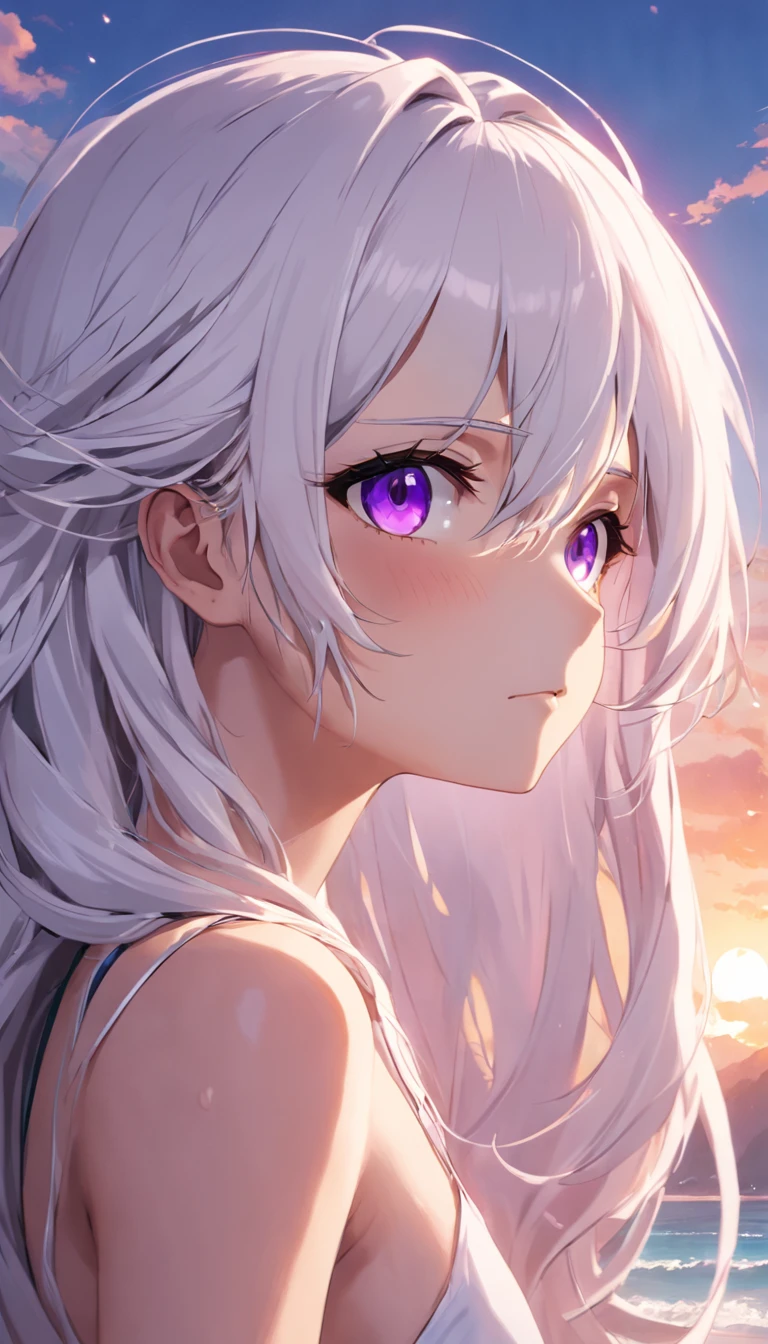 beach,Look up,Long white hair,Purple eye,cool guy,Libido boy,nobles