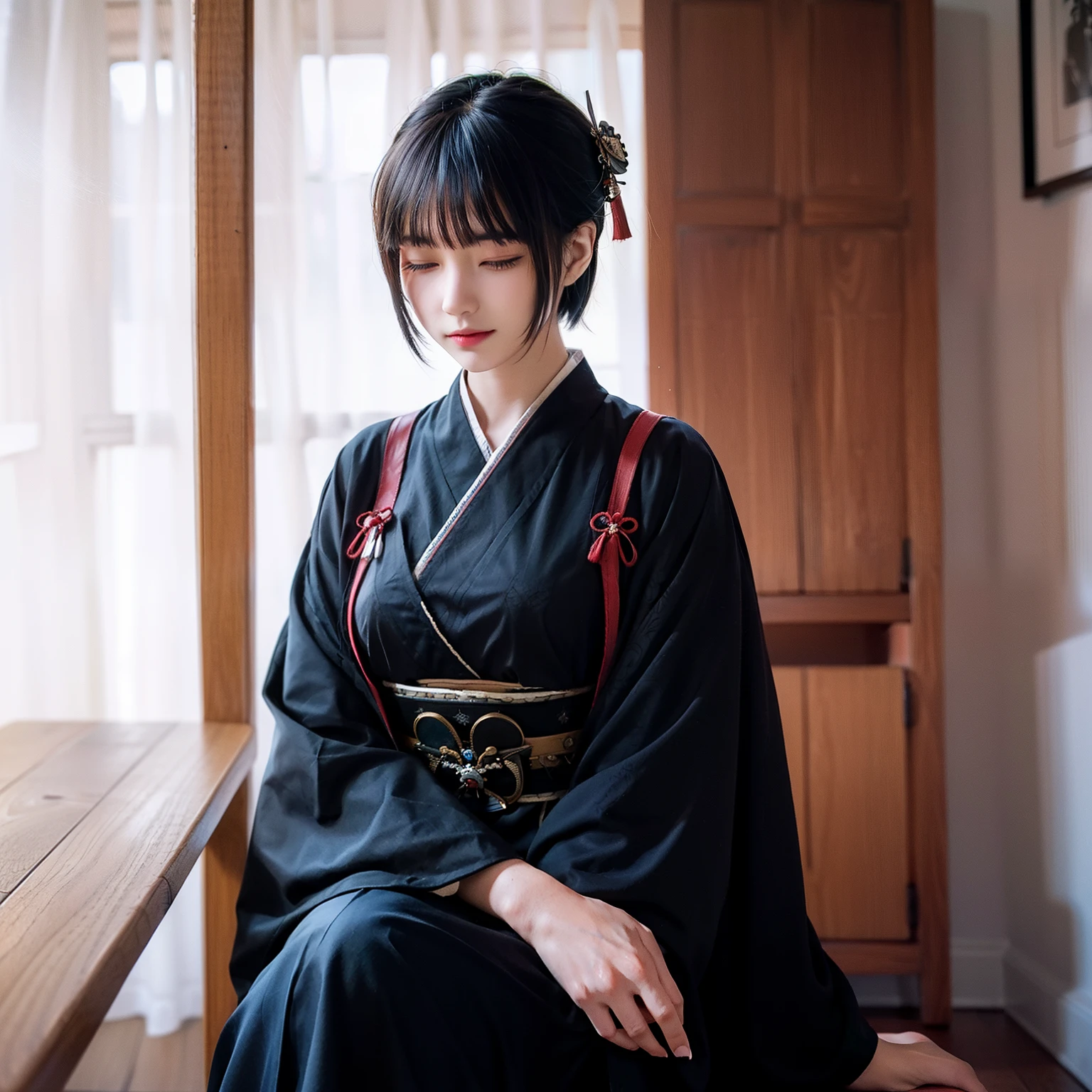 A woman with short hair sits quietly on a stool,He closed his eyes and sorted out the cards on the table,Three black cards in his hand,Dressed in black ancient samurai costume ,It's beautiful ,Mysterious and eerie
