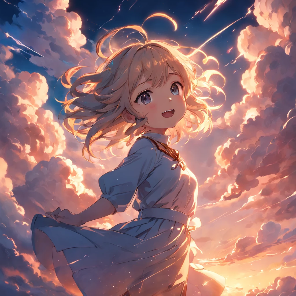 masterpiece, best quality, movie still, 1girl, cloud girl, floating in the sky, close-up, bright, happy, warm soft lighting, sunset, (sparks:0.7)