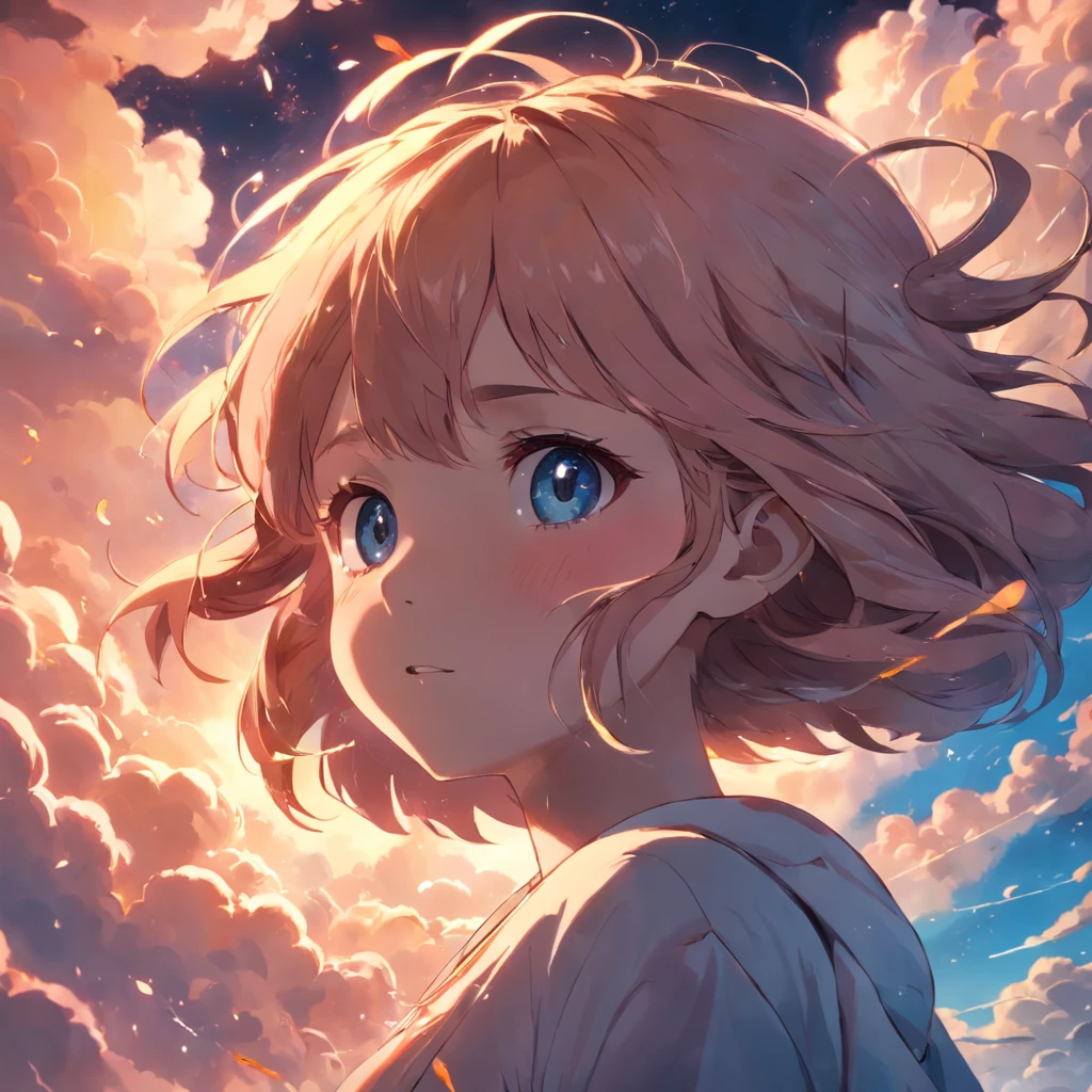 masterpiece, best quality, movie still, 1girl, cloud girl, floating in the sky, close-up, bright, happy, warm soft lighting, sunset, (sparks:0.7)