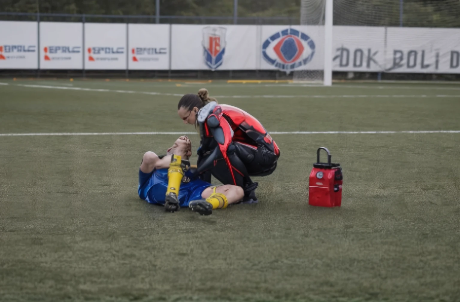 soccer secene, a sports ground in the background, a soccer match, sports scene, there are beautiful and attractive women kneeling in the grass close to a lying male soccer player, beautiful and attractive women in high shine down coats and wetlook leather leggings, beautiful and attractive women are giving treatment to a wounded sportsman in a sports stadium, soccer scene, accident, first aid, help to a wounded man, first aid for an injured male soccer player, an injured soccer player in matte cotton sportswear, a soccer player is lying on the ground wearing marre cotton sportswear, there is an injured soccer player lying in pain on the ground and covering his agonised and suffering face with both hands, beautiful and attractive women are giving a massage to an injured sportsman who is lying in pain on the ground, beautiful and attractive women are wearing very shiny waterproof clothes, dramatic action scene, hyperrealistic, photorealistic, photo, ultra realistic, theatralic pity pose, celebrating first aid, beautiful and attractive women are looking very concerned and sad, beautiful and attractive women have tears in their eyes, beautiful and attractive women are shouting out angry, aesthetic shot, injured, realistic scene, 1614572159, 🤬 🤮 💕 🎀, sport, exclusive, real shot, sad scene