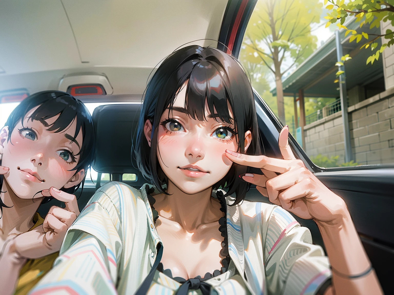 There were two young girls sitting in the car.、One is pointing, hime-cut, chiho, shikamimi, She has black hair with bangs, taken with sony alpha 9, sui ishida with black hair, With short hair, very very low quality picture, 8K selfie photo, Shiori Teshirogi