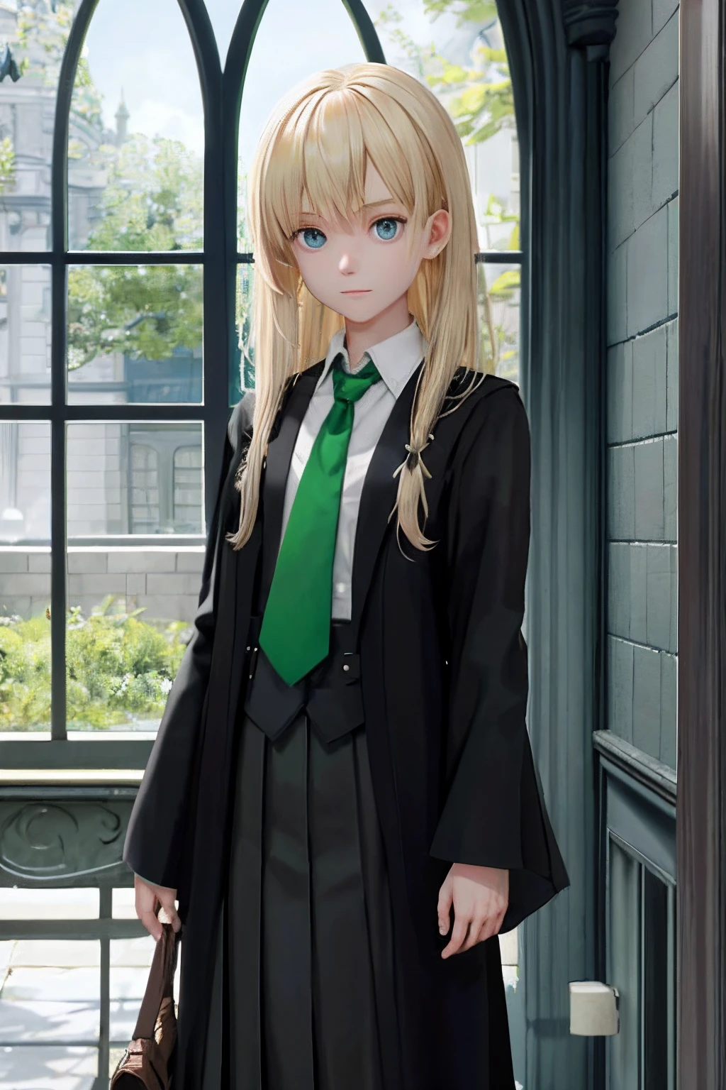 。.。.。.3D, 1girll, A half body, tmasterpiece, Best quality at best, 8K, detailed skin textures, Detailed cloth texture, Beautiful detailed face, intricately details, ultra - detailed,blond hairbl,Slytherin school uniform,teens girl,background hogwarts,long whitr hair,校服,Black magic robes,green necktie,Gray eye,Slytherin cellars,the night,rays of moonlight,Oil painting art style,Wizard crowd background