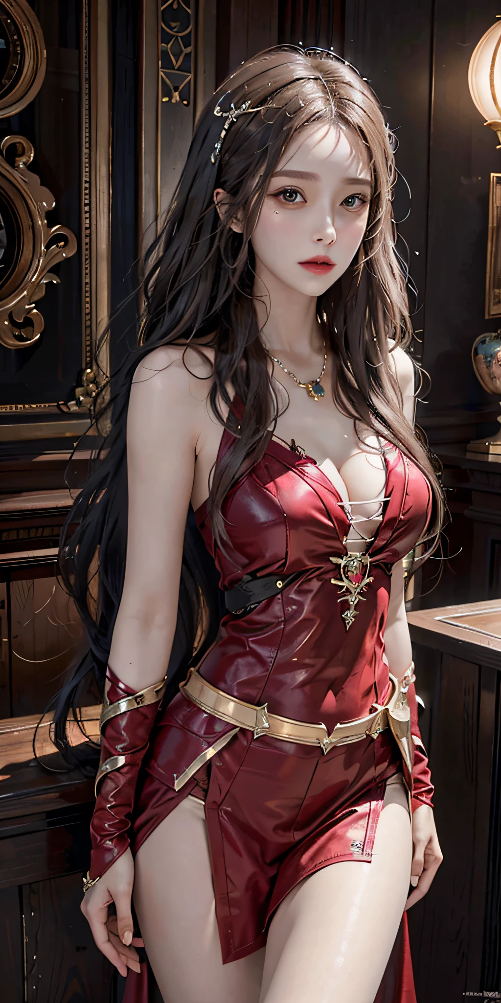 Photorealistic, high resolution, Soft light,1womanl, Solo, Hips up, (Detailed face), jewelry, scarlet witch costume, jewelry, tattoo