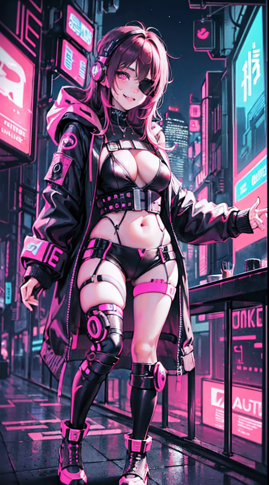 (1girl in)、(Plump beauty)、(30-years old)、(very long pink hair)、(Top image quality)、(8K picture quality)、(cyberpunked)、(masutepiece)、 (Flickering of light)、(Wear a cyberpunk hooded military uniform)、(confident grin:1.2)、(an eye patch)、(Full body photo)、(Sharp Image), cinematric light, Cinema Shadow, Extremely detailed, Volumetric, Bright sprites, particles effect, beautiful effects, Vivid colors, neons, (Neon light:1.5), Highly detailed image textures, detailed hairs, Detailed face, Detailed eyes, Full body photo, city、Dark hair、Eyes glow、Sparkling red aura、Photo from the knee up、beautiful effects, Vivid colors, Highly detailed image textures, detailed hairs, Detailed eyes,(Cyberpunk cityscape at night:1.5)、