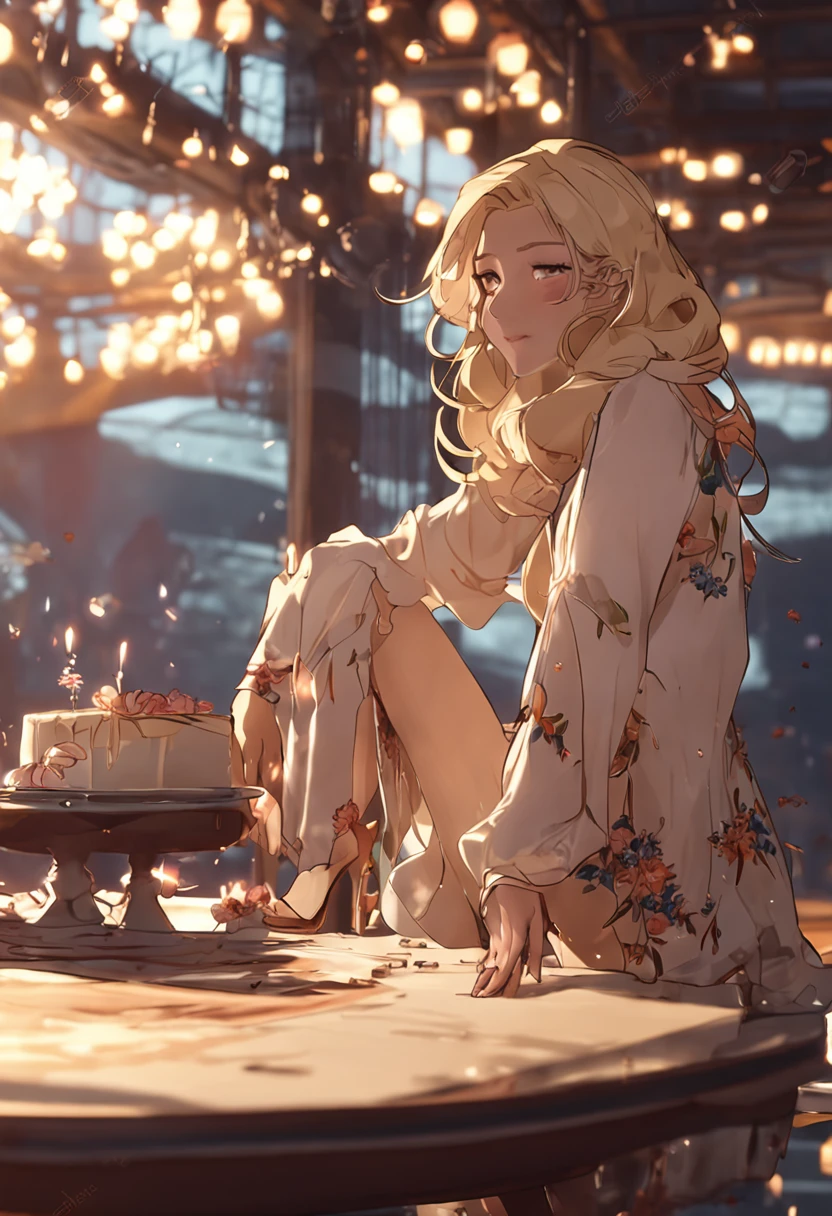 Blonde two-dimensional heterogeneous hot girl sits on table with open legs leaking white lace panties