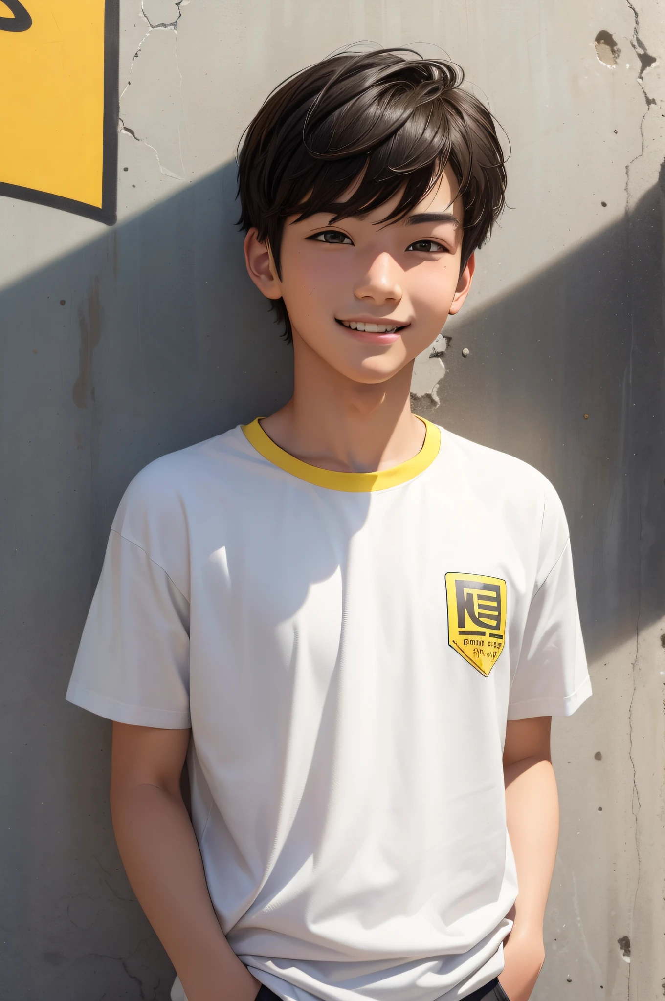 A very handsome teenager passed by me、Carelessly looked at me, Bust Photo, Smiling and looking at me. High Nose, Yellow race, relatively white skin, Black hair, Medium Hair. Background々It is a wall with graffiti painted on it.. Wearing simple short sleeves. Highest Quality.