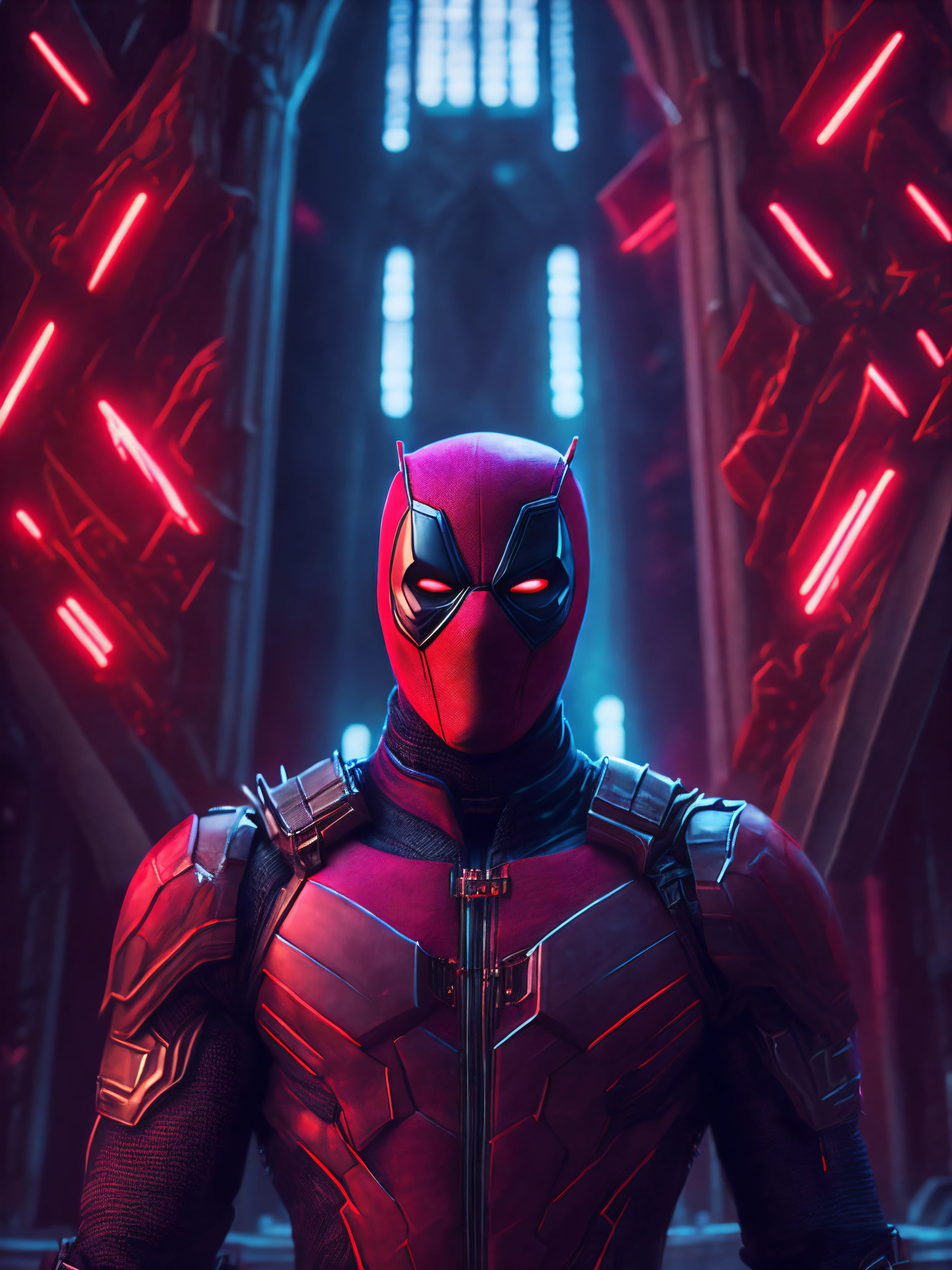 grim portrait of Deadpool from Marvel with intricate angular cybernetic implants inside a brutalist building, gothic brutalist cathedral, cyberpunk, award-winning photo, bokeh, neon lights, cybernetic limb