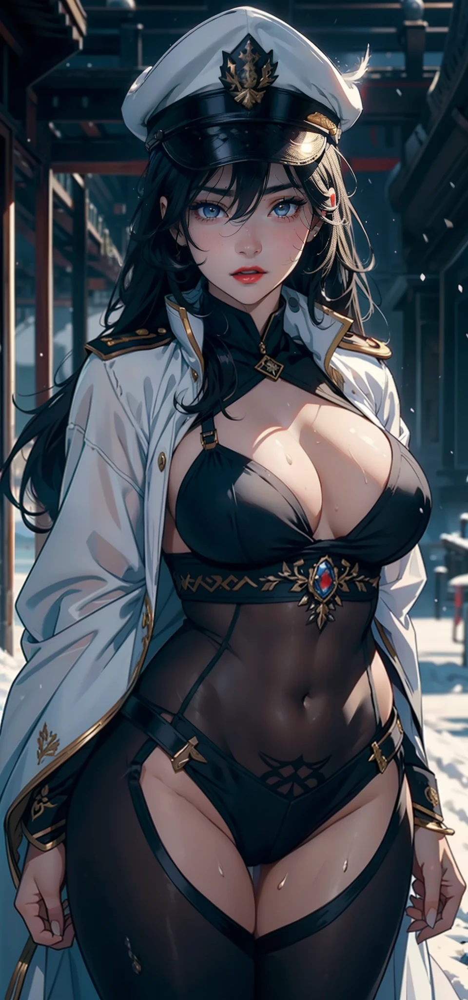 91 females，36 years old，multiple persons，熟妇，mature，Bigchest，Big breasts Thin waist，long leges，Raised sexy，Pornographic exposure， 独奏，Beauty contests，standing on your feet（Background with：the sea，snow mountains，warships，at winter season，Blizzarding，Big snowflakes）On warships， with his long black hair，Long hair flutters in the wind，dynamicposes，Sweat profusely，drenched all over the body，seen from the front， hair straight， mostly cloudy sky，（（（tmasterpiece），（Very detailed CG unity 8K wallpaper），best qualtiy，cinmatic lighting，detailed back ground，beatiful detailed eyes，Bright pupils，（Very fine and beautiful），（Beautiful and detailed eye description），Black eyes，Redlip，ultra - detailed，tmasterpiece，）），facing at camera，（The upper part of the body），A high resolution，ultra - detailed），revealing breasts，Bare genitalia，  Bulge，legs are open，sexyposture，Camel toes，Flushed complexion，Open-mouthed，frontage，military officer，Officer's cap（Wearing：White cloak，down jacket，Winter officer uniform，black legging pants，Armour，Gold wire embroidery，Snowflake tiara）