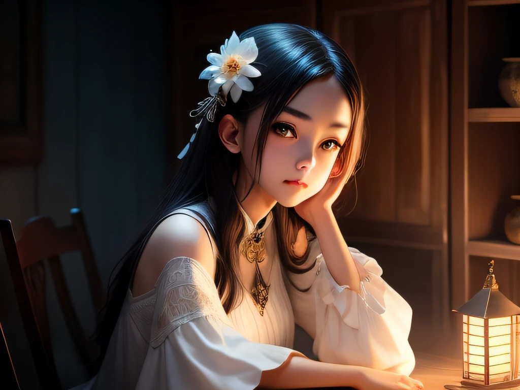 a beautiful -agedl,The girl should be Chinese,Exquisite and mysterious, Pay close attention to facial details,Crooked eyebrows,Big eyes,Straight nose,Small mouth, Wearing a white dress,Sit in a humble hut,The background should be interesting and subtle,Show the scene from the 80s。camera: Prioritize compelling dynamic combinations. lighting: Atmospheric and volumetric lighting and dynamic lighting are utilized to emphasize the awesome atmosphere of the image. Choose an angle that highlights the beauty of your character,Enhance the magic of your artwork, Consider popular trends in fantasy images,For example, Image from ArtStation and Midjourney。。。Resolution: Aim for high-resolution artwork,to showcase intricate detail and clarity.