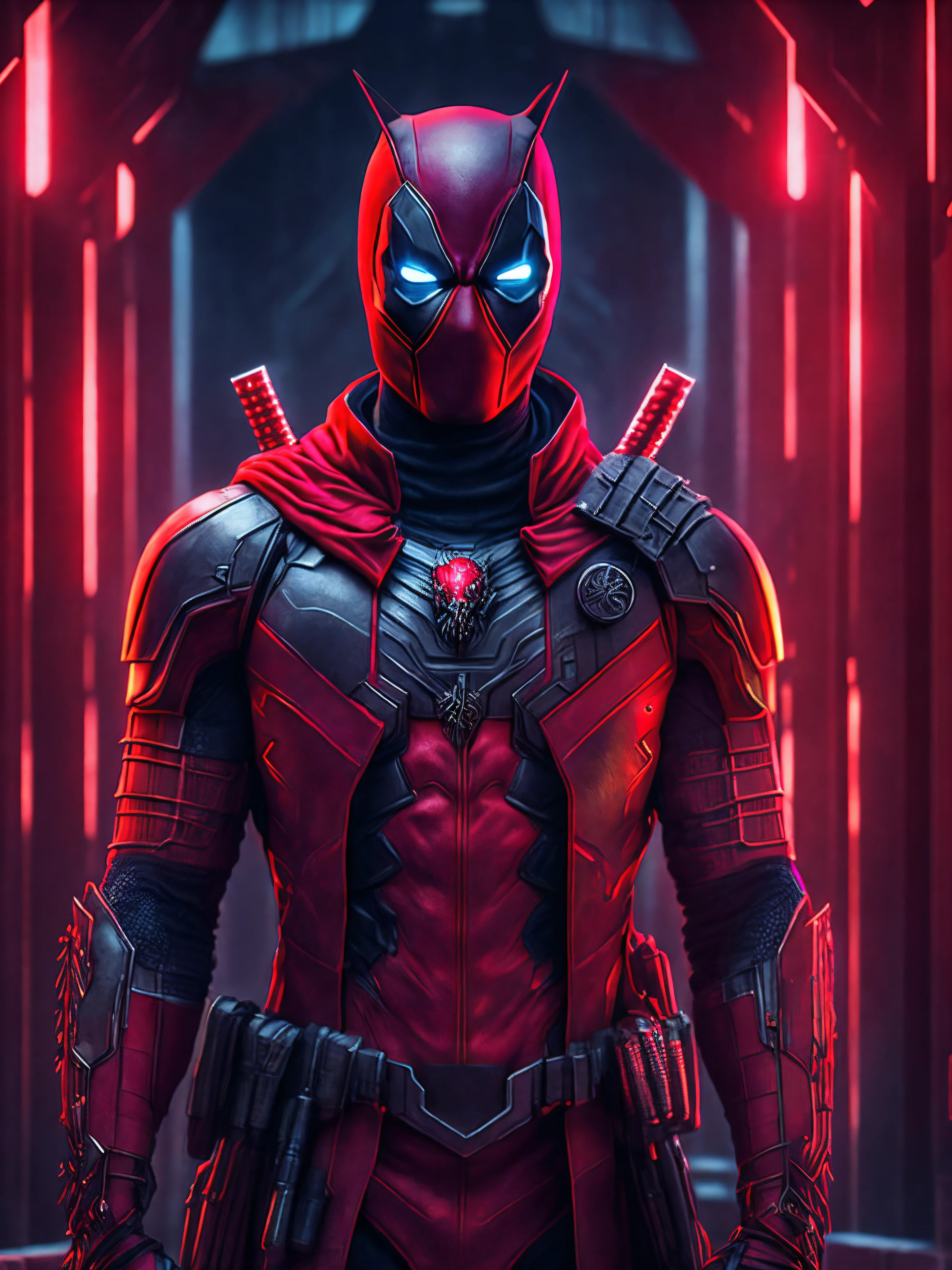 grim portrait of Deadpool from Marvel with intricate angular cybernetic implants inside a brutalist building, gothic brutalist cathedral, cyberpunk, award-winning photo, bokeh, neon lights, cybernetic limb